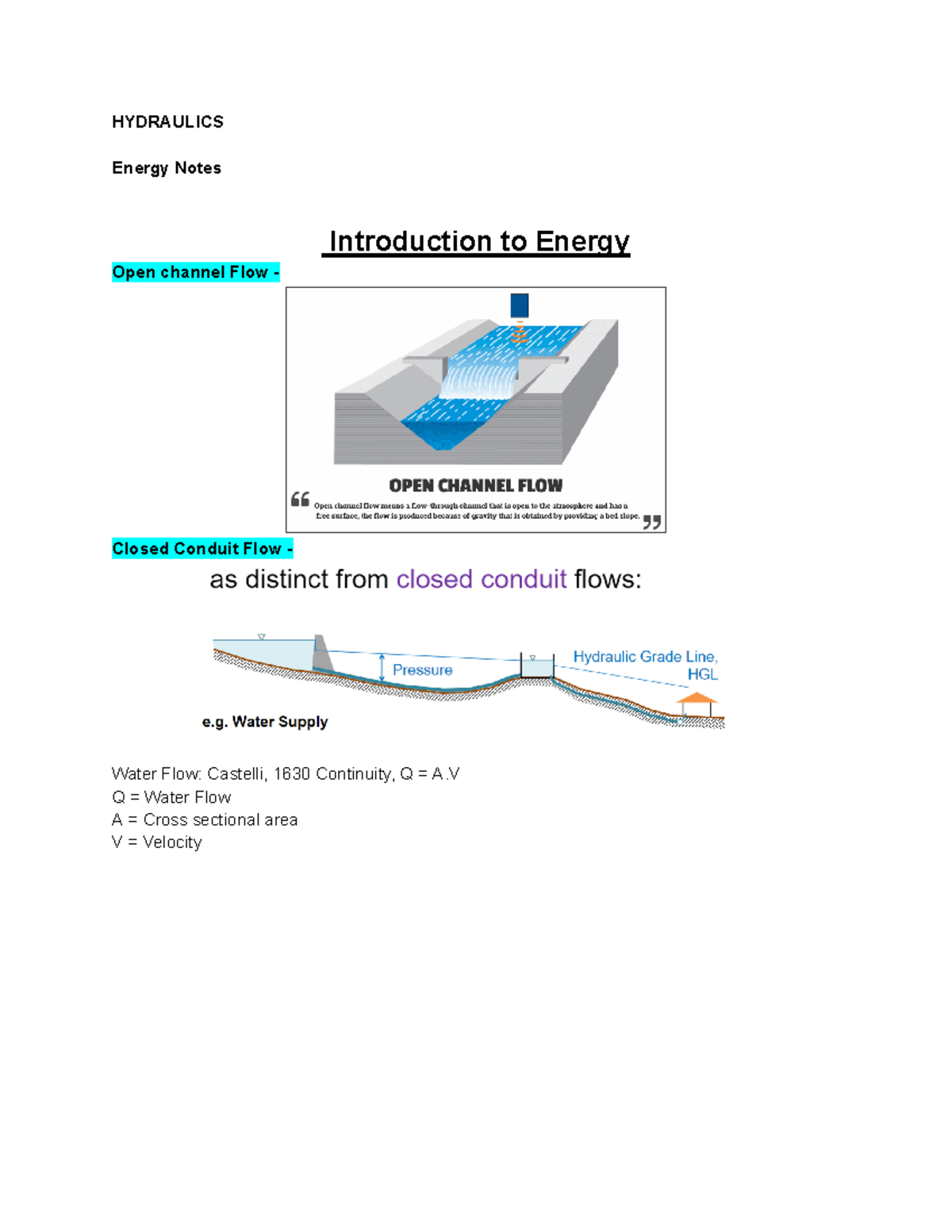 Untitled Document - Quiz Notes - HYDRAULICS Energy Notes Introduction ...