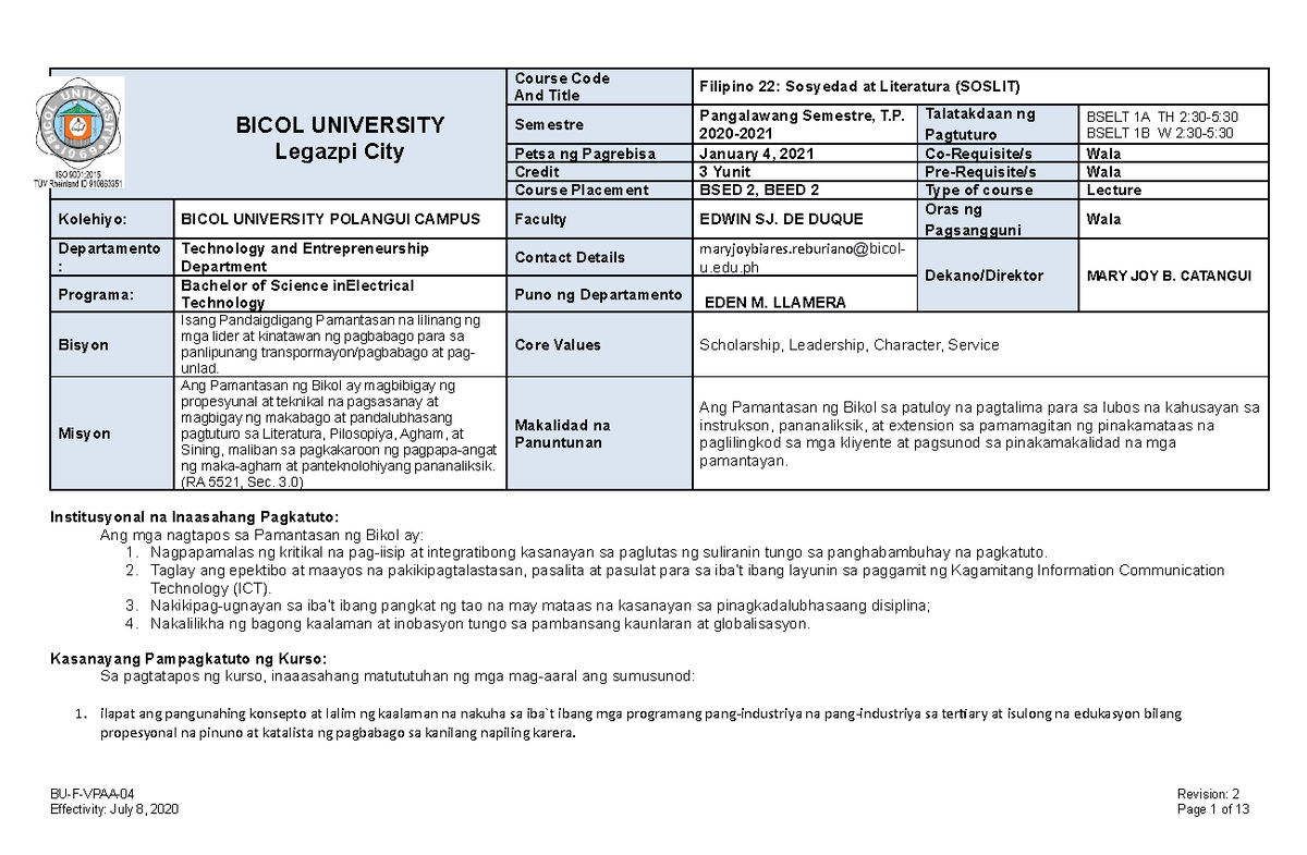Syllabus Bselt Soslit- BICOL UNIVERSITY Legazpi City Course Code And ...
