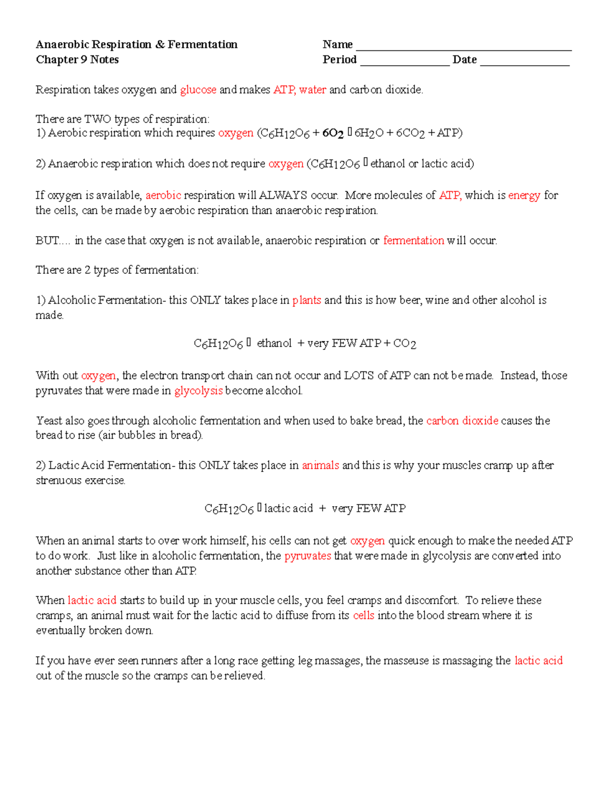 Fermentation Notes /FOR BIOLOGY CLASS(1) - Anaerobic Respiration ...