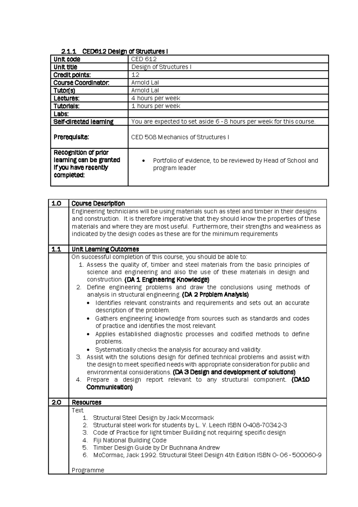 CEB 612 UNIT Descripter - 2.1 CED 612 Design of Structures I Unit code ...