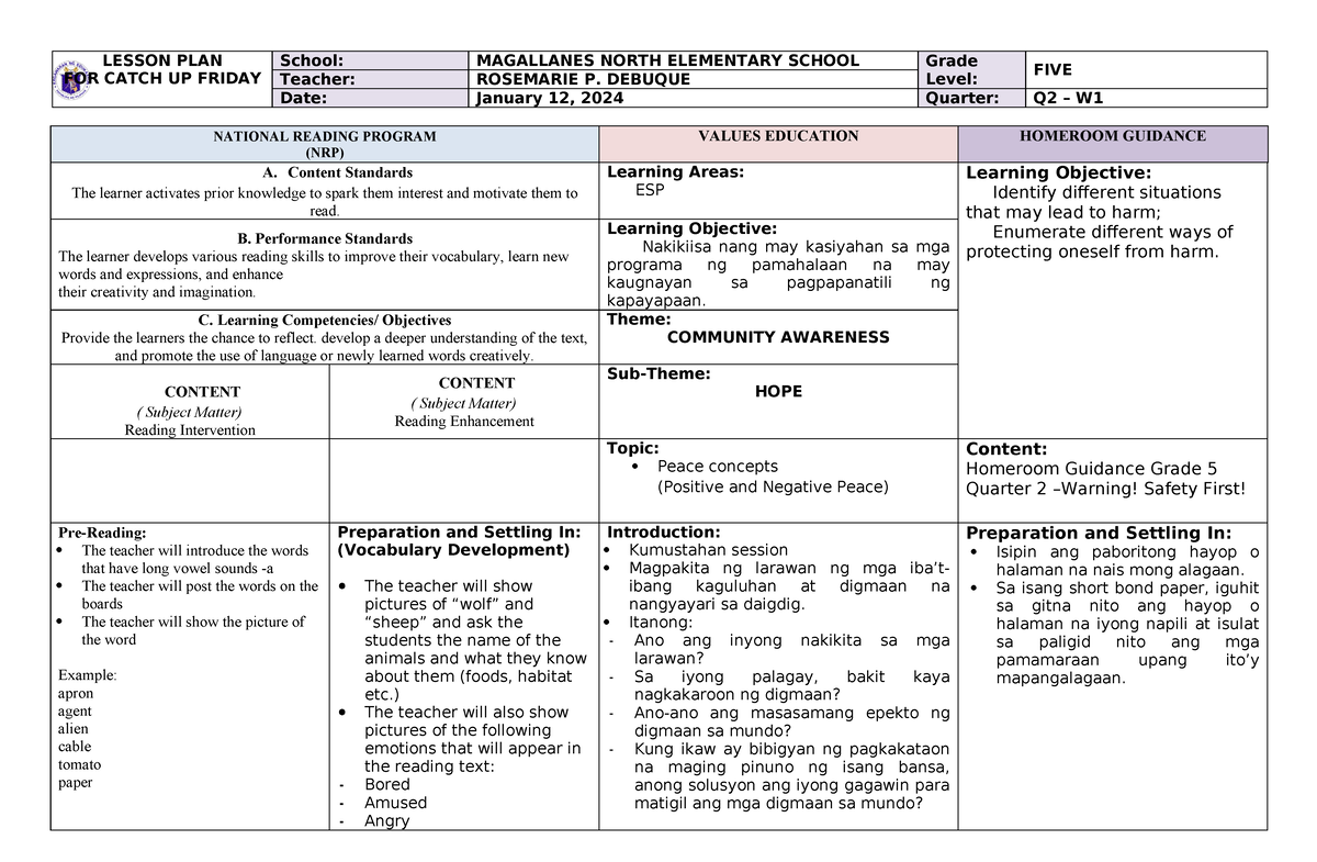 Q3 Grade 5 Catch UP Fridays WEEK 1 - LESSON PLAN FOR CATCH UP FRIDAY ...