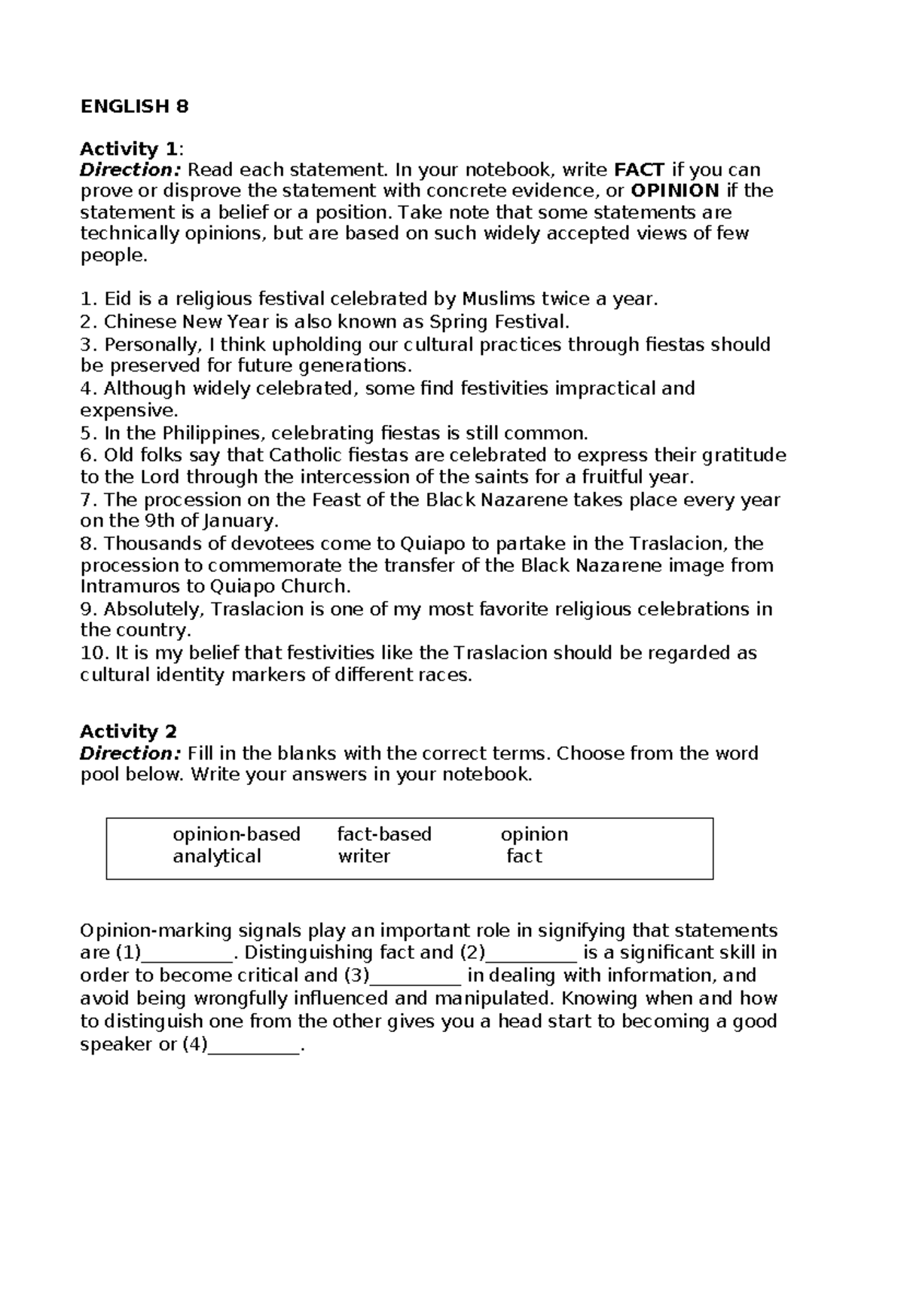 Subplan Activity in English 8 - ENGLISH 8 Activity 1: Direction: Read ...