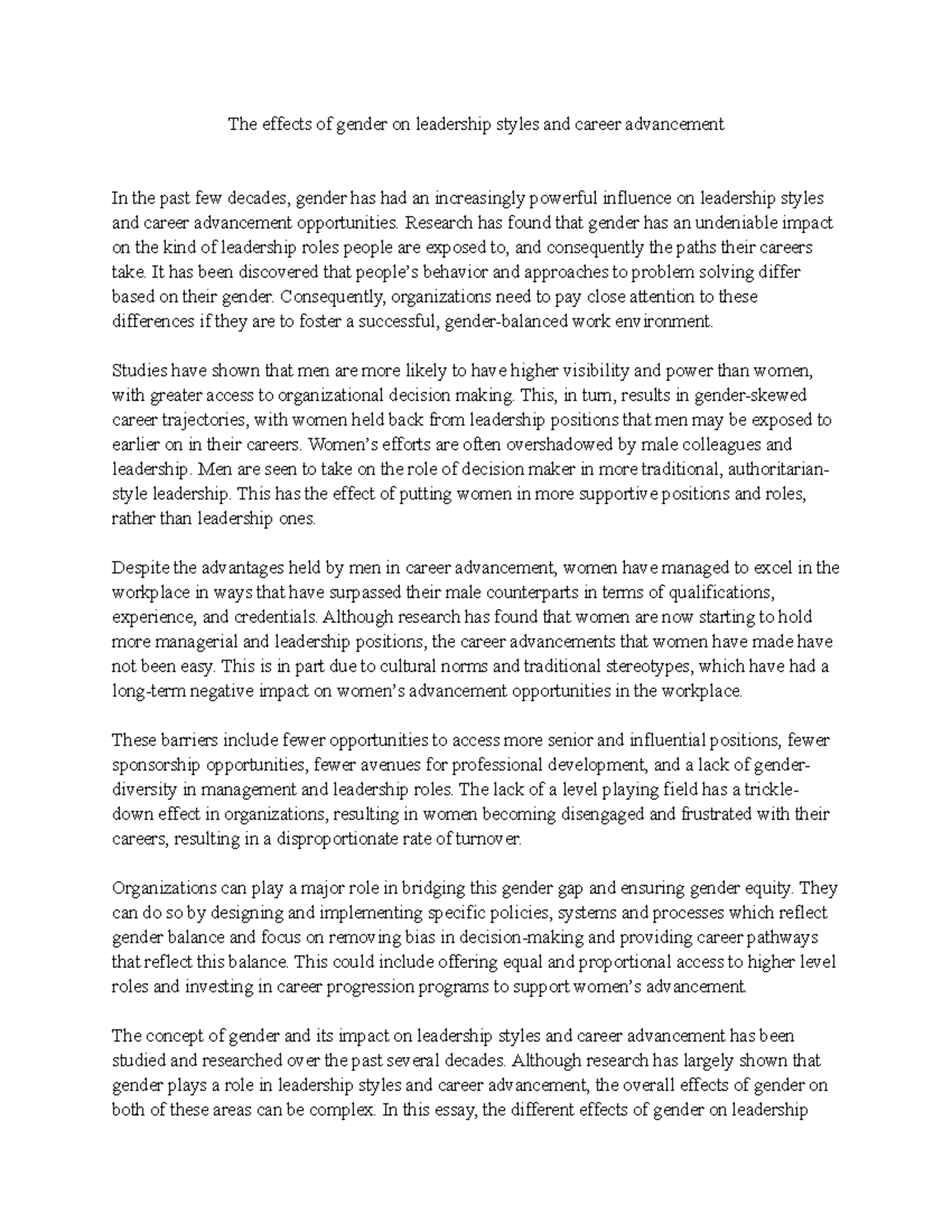 The effects of gender on leadership styles and career advancement ...