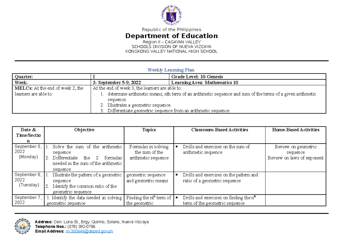 Weekly Learning Plan Math 10 week 3 - Weekly Learning Plan Quarter: I ...