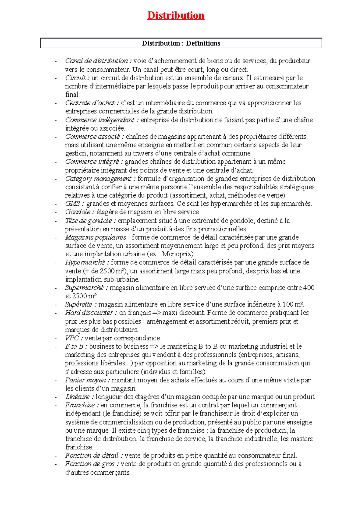 Distribution Sciences Economiques et Gestion Distribution