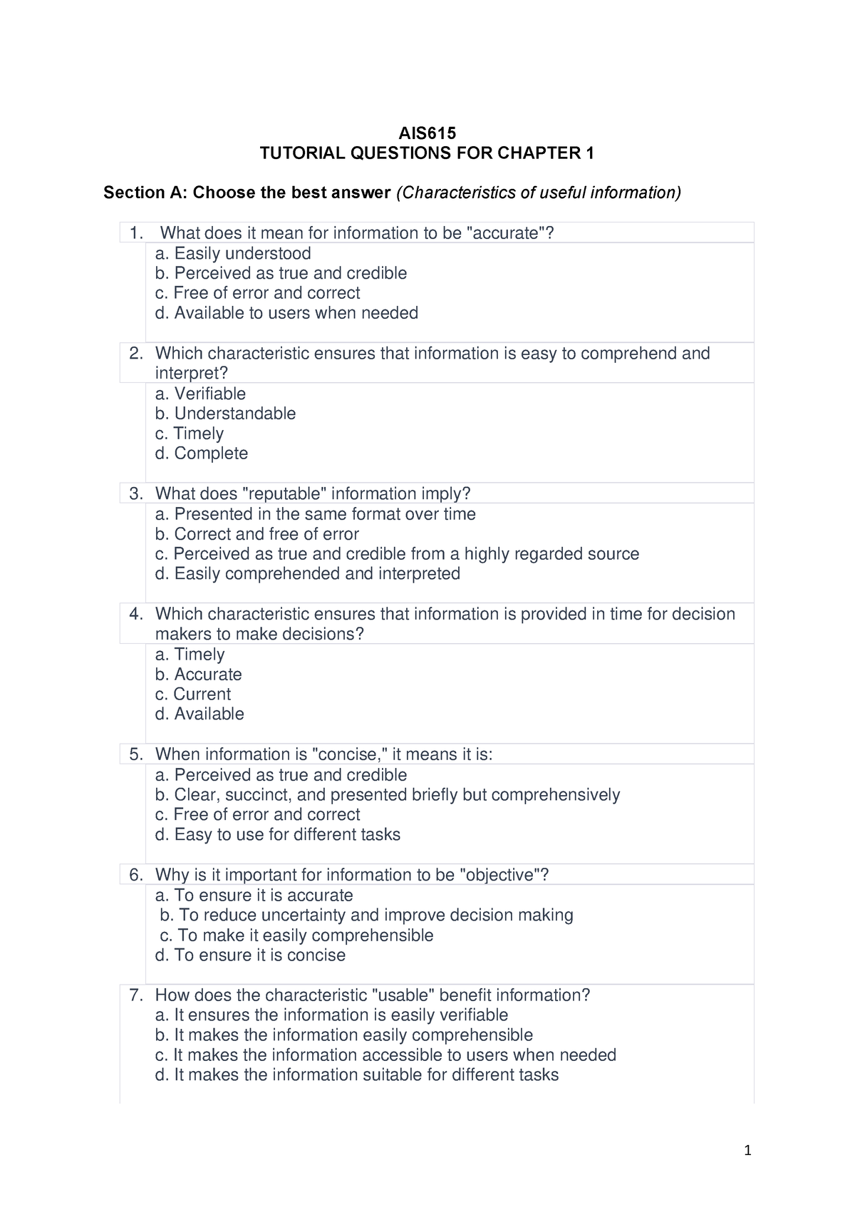 AIS615 Tutorial Chapter 1 - AIS TUTORIAL QUESTIONS FOR CHAPTER 1 ...