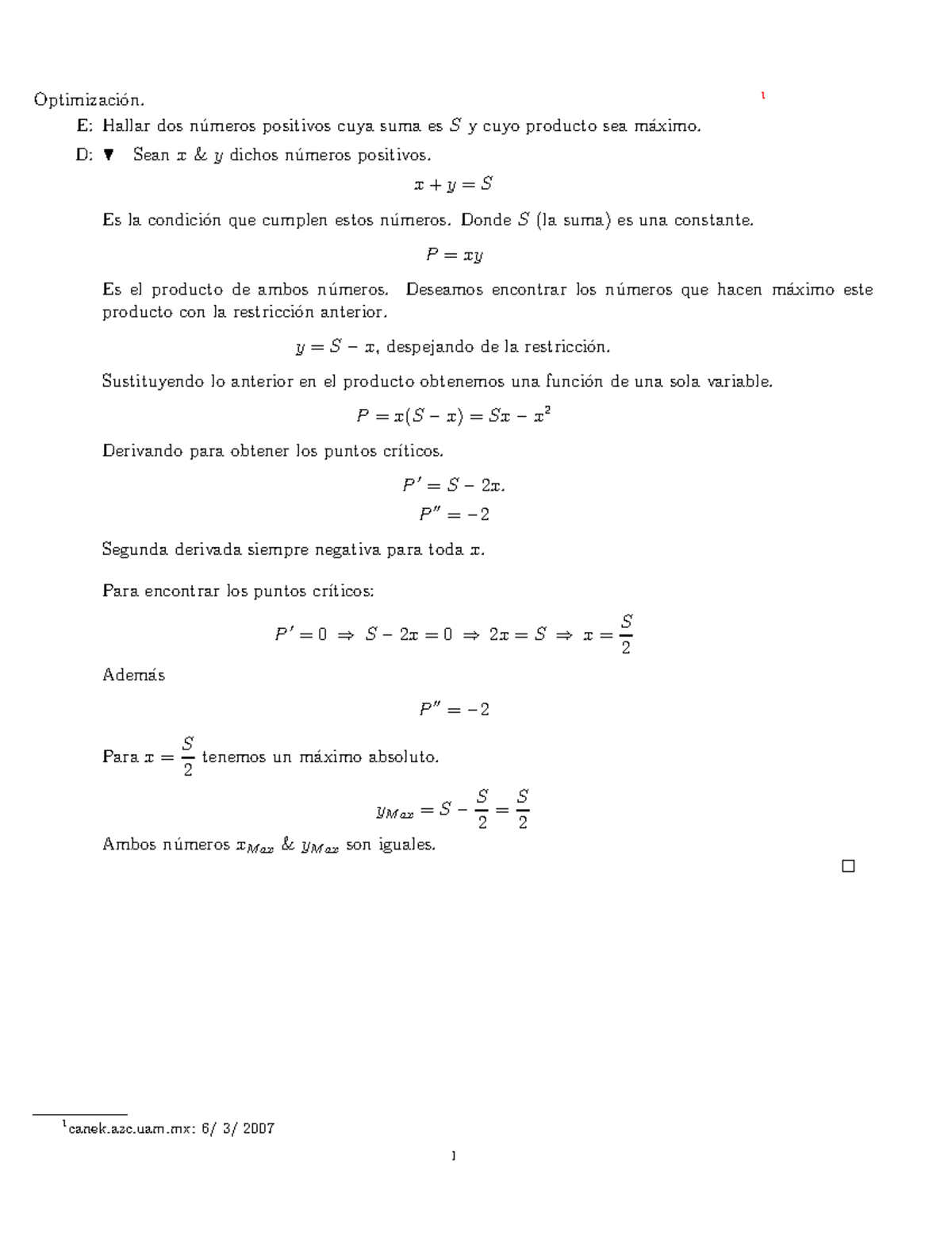 Optimizacionx - Tarea - Optimizaci ́on. 1 E: Hallar Dos N ́umeros ...