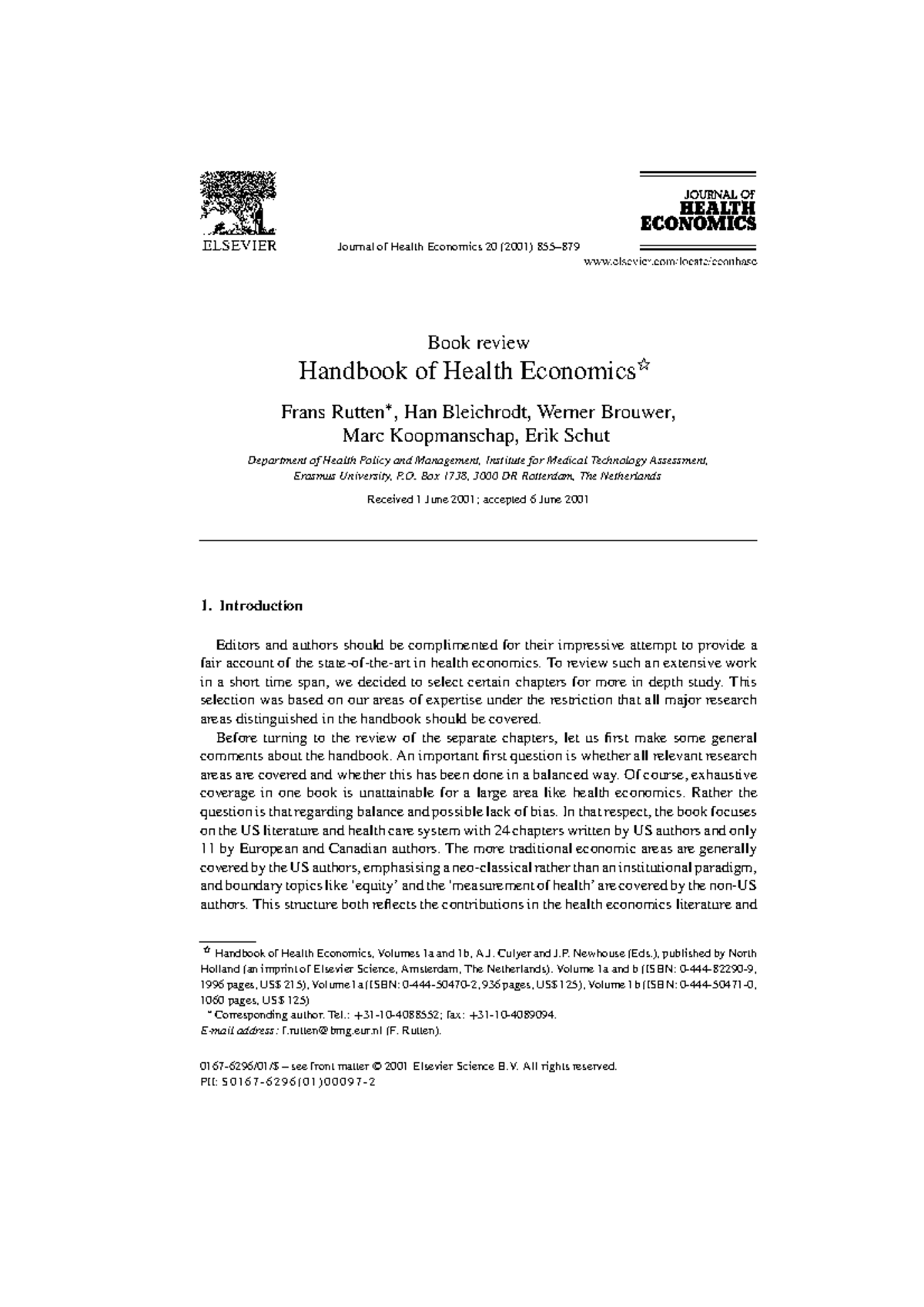 Handbook of Health Economics Journal of Health Economics 20 (2001) 855 Book review Handbook