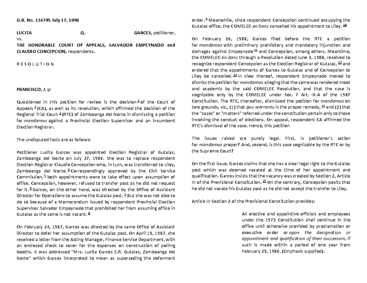 B. Modes Of Acquiring Title To Public Office Cases - G. No. 114795 July ...