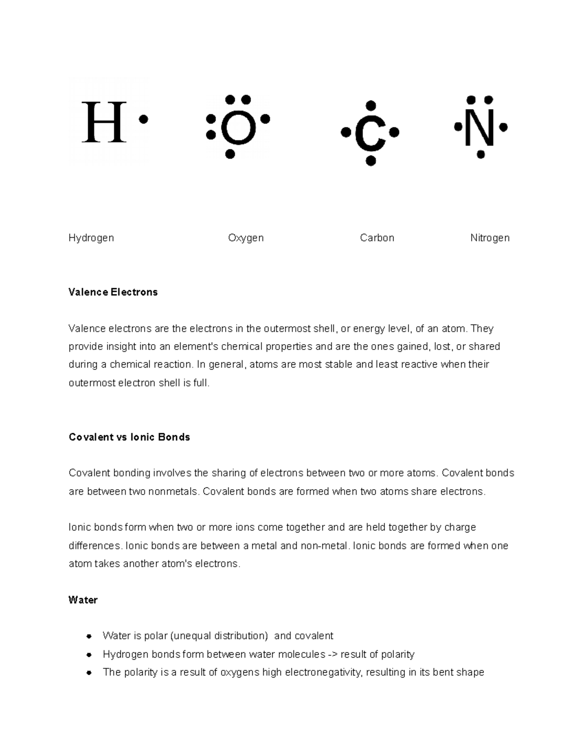 Biochemistry Study Guide - Hydrogen Oxygen Carbon Nitrogen Valence ...