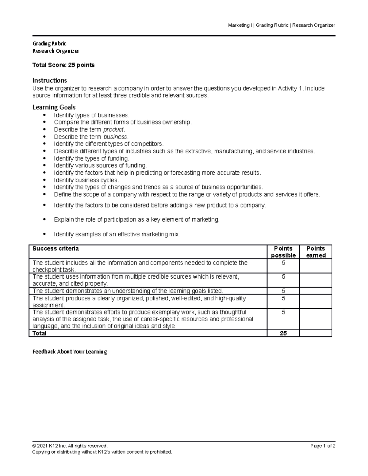 8506557 - vcccc - Marketing I | Grading Rubric | Research Organizer ...