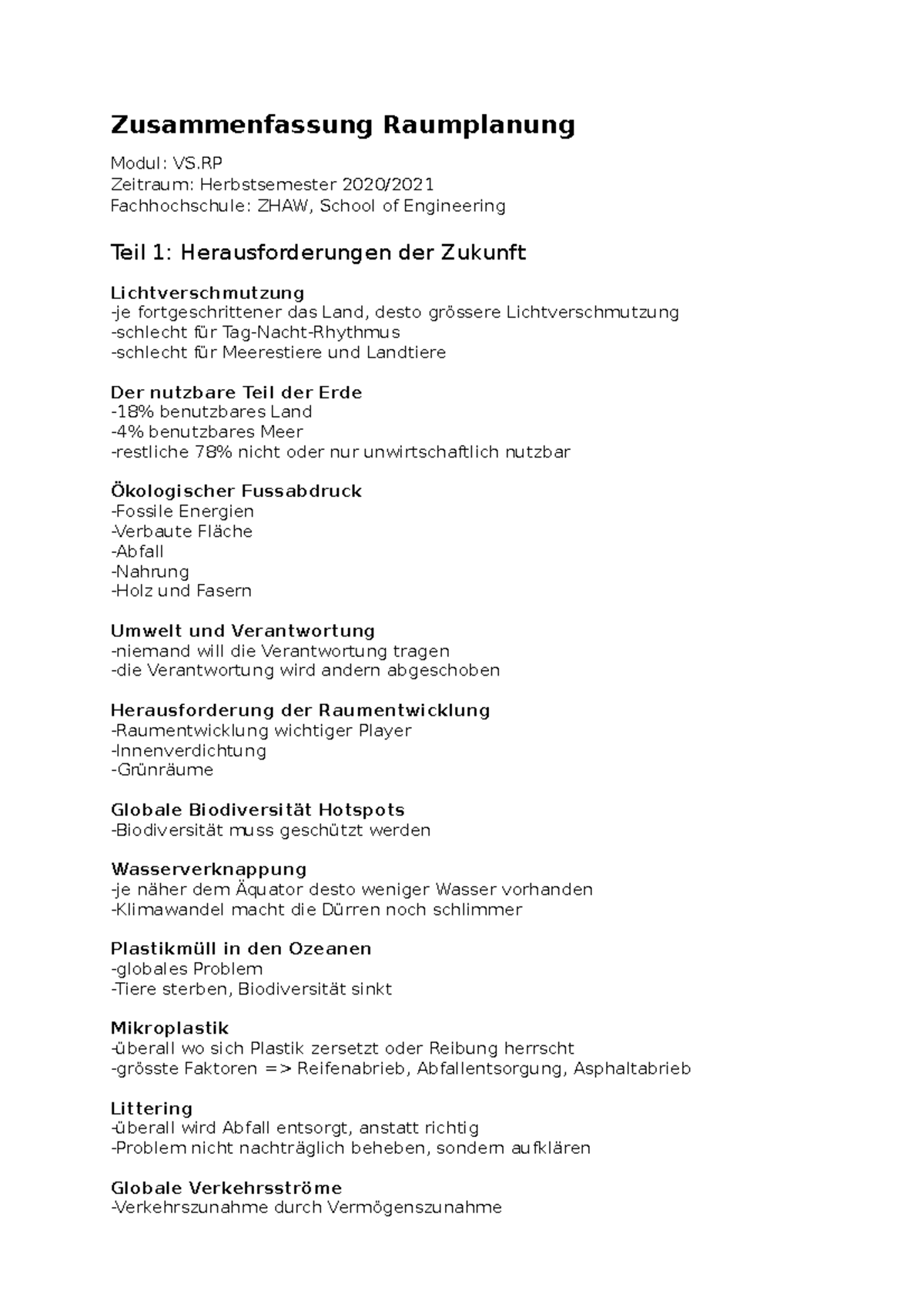 Zusammenfassung Raumplanung - Zusammenfassung Raumplanung Modul: VS ...