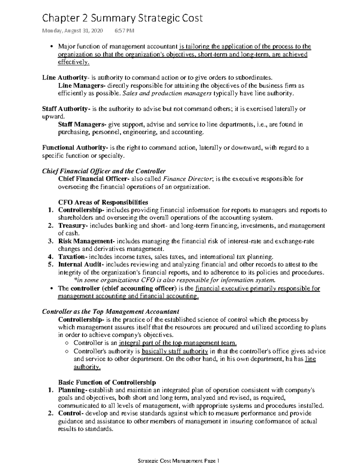 Chapter 2 Summary Strategic Cost - Accountancy - Studocu