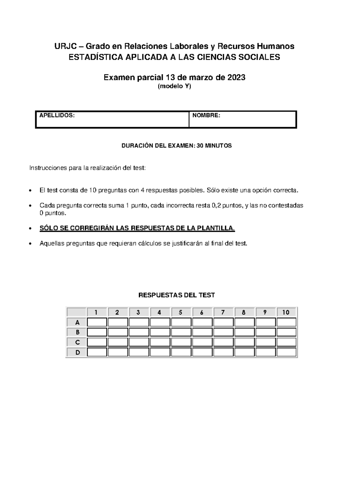 Examen marzo 2023 - Modelo Y - URJC – Grado en Relaciones Laborales y ...