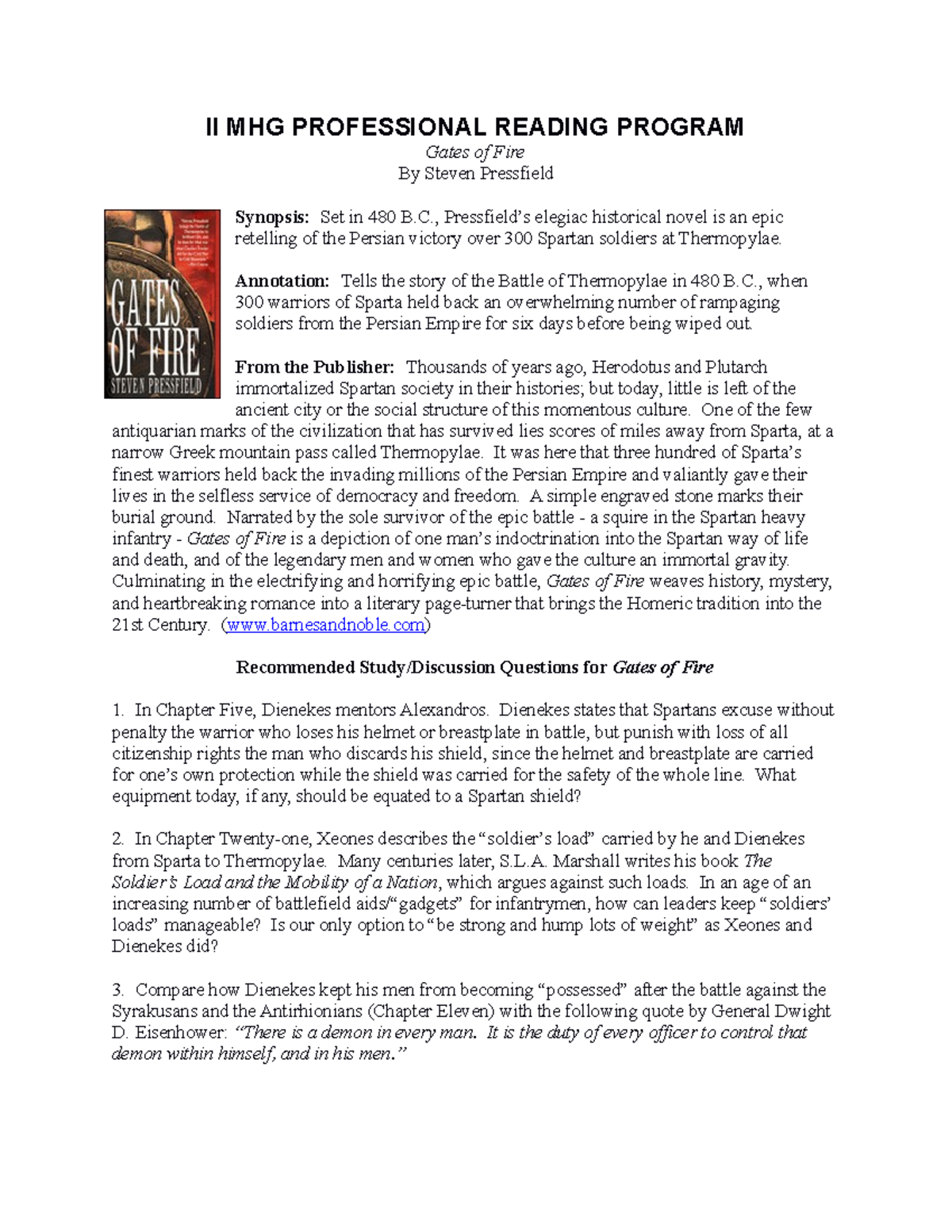 Gatesof Fire Book Review II MHG PROFESSIONAL READING PROGRAM Gates of