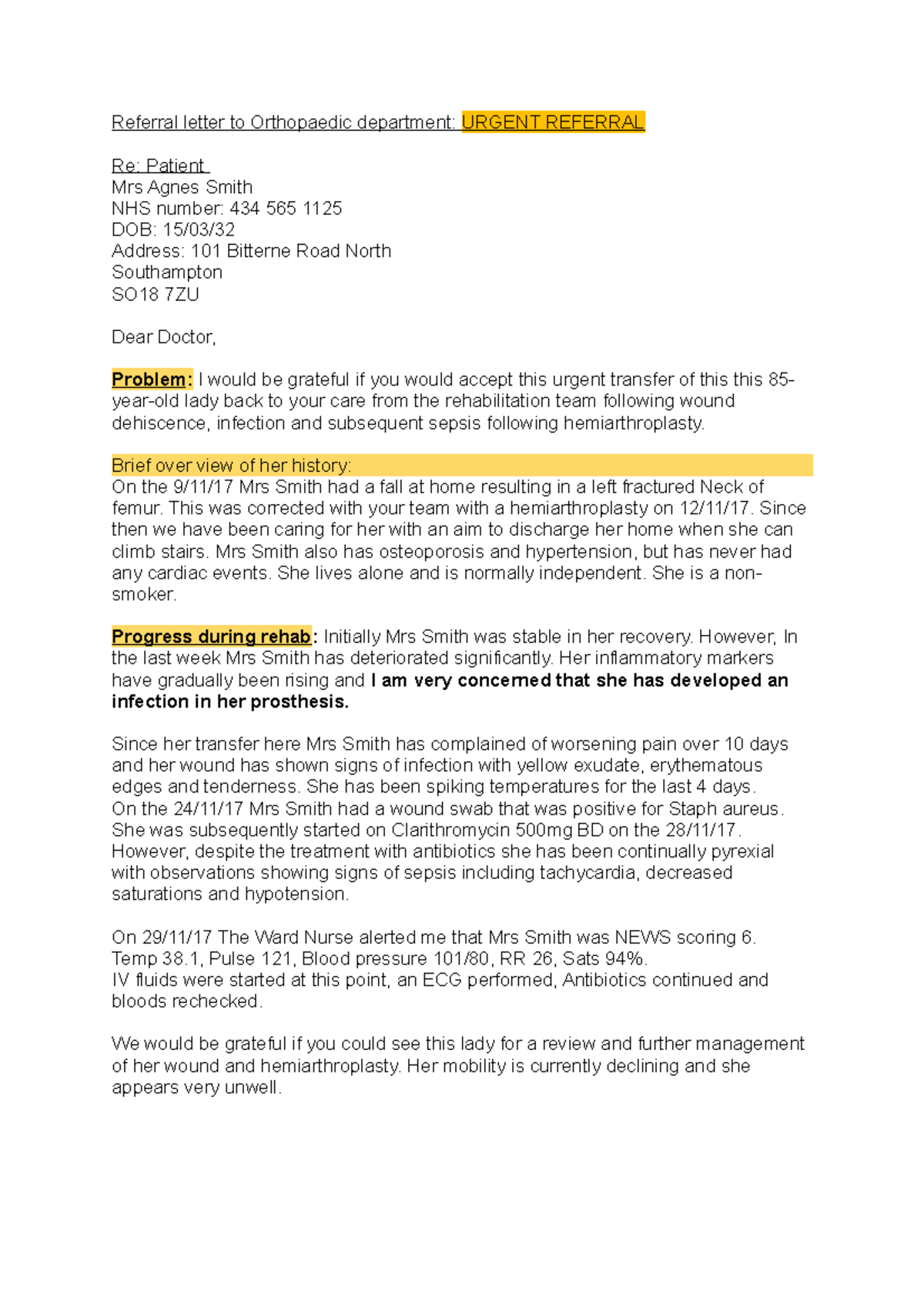 Referral letter to Orthopaedic example Referral letter to Orthopaedic