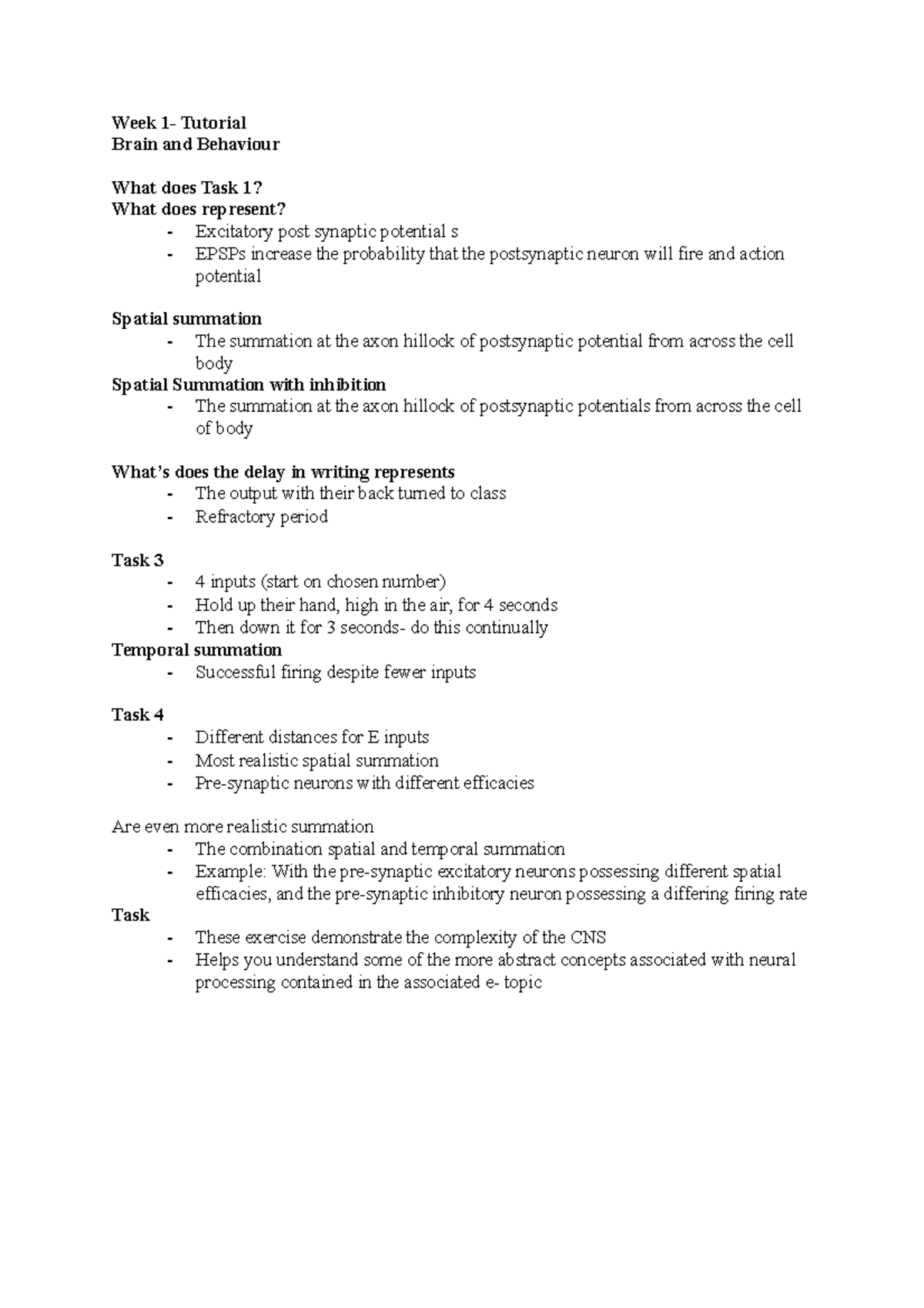 Week 1 Tutorial - Notes - Week 1- Tutorial Brain And Behaviour What ...