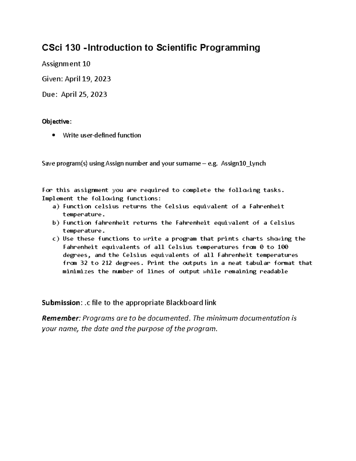Assignment 10 - CSci 130 - Introduction to Scientific Programming ...