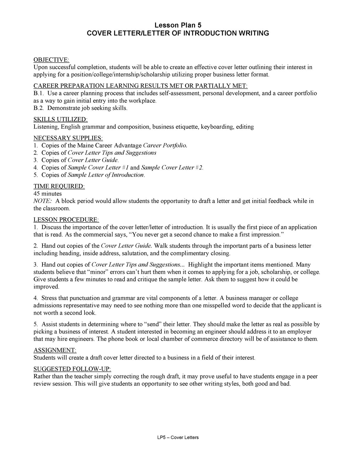 Cover Letter A Cover Letter Lesson Plan 5 COVER LETTER LETTER OF 