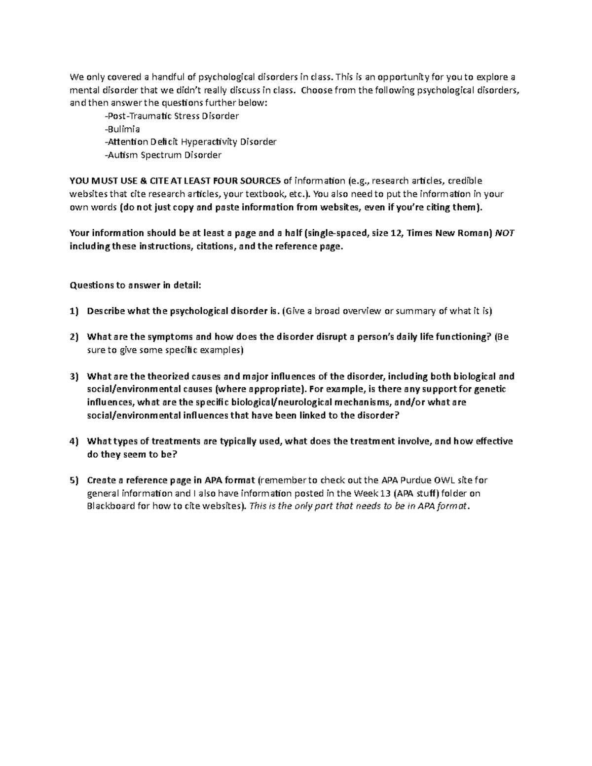 Short Paper - Psychological Disorders - We only covered a handful of ...