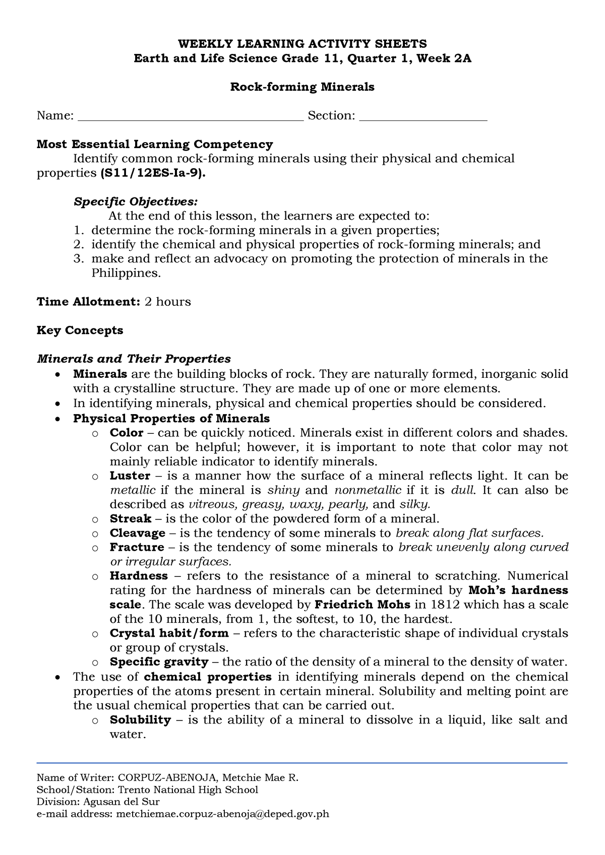 Earth and Life Science Quarter 1 Week 2a - Name of Writer: CORPUZ ...