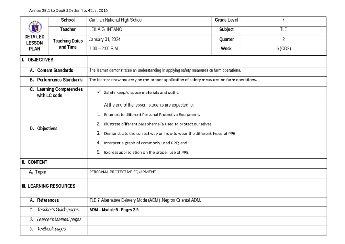 Dll-tle-7-ppe-animal-production - Annex 2b To Deped Order No. 42, S 