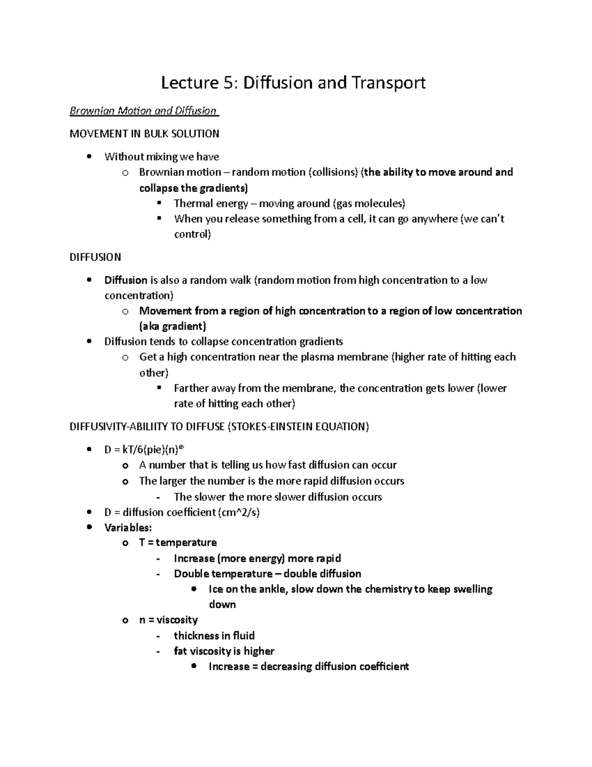 Lecture over Cell Transport - Lecture 5: Diffusion and Transport ...