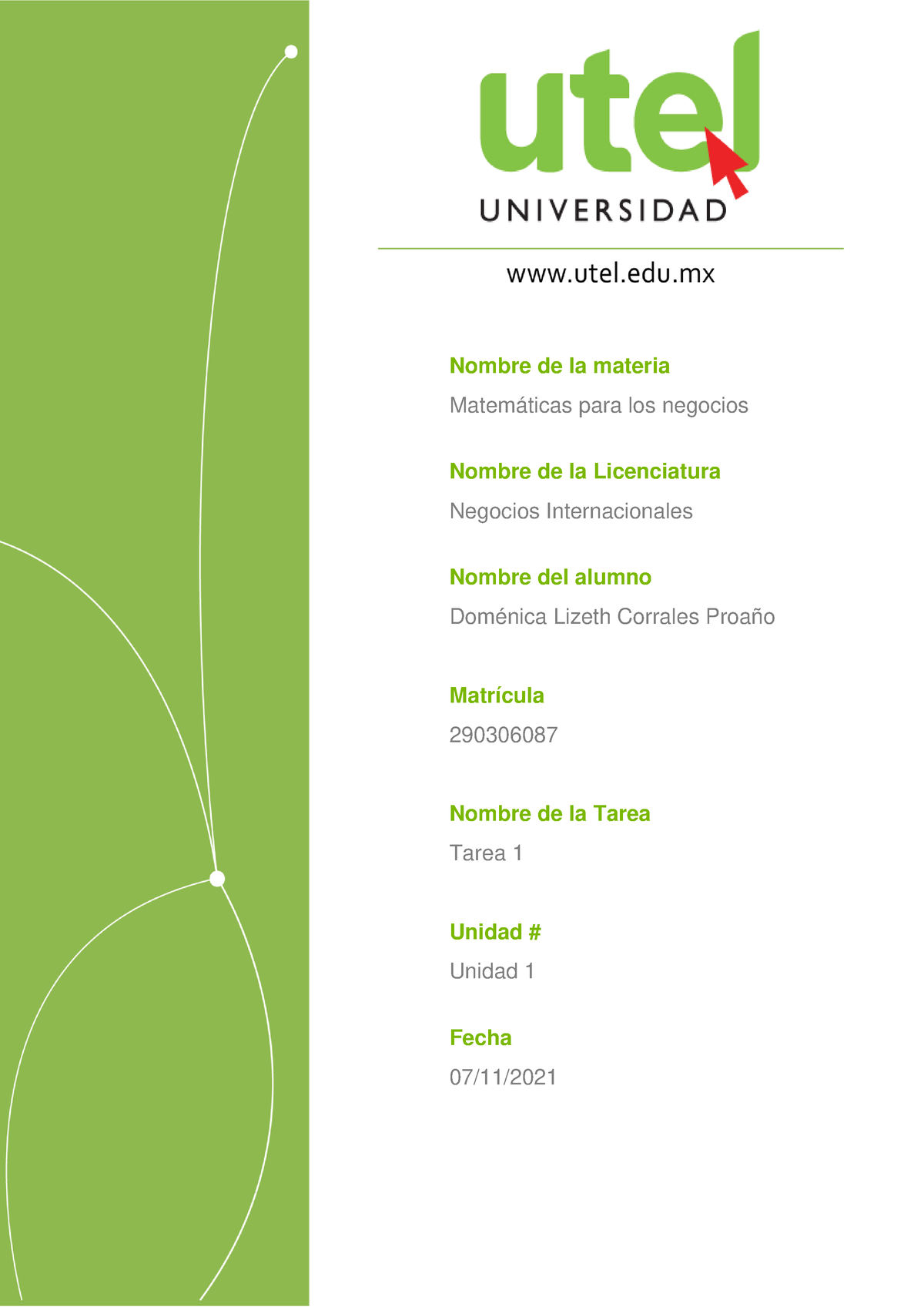 Tarea 1 - Nombre De La Materia Matemáticas Para Los Negocios Nombre De ...