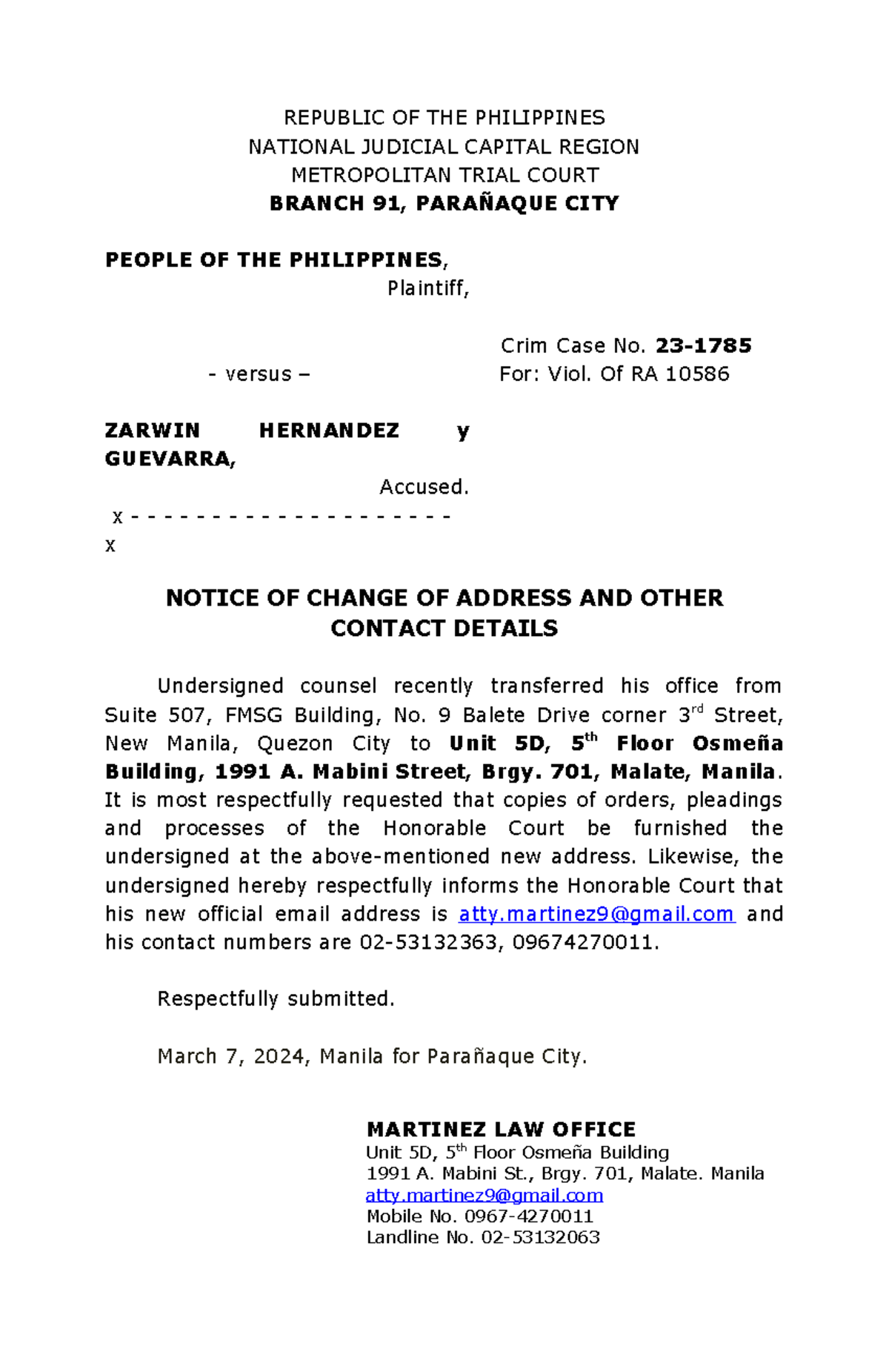 Change of Address - REPUBLIC OF THE PHILIPPINES NATIONAL JUDICIAL ...