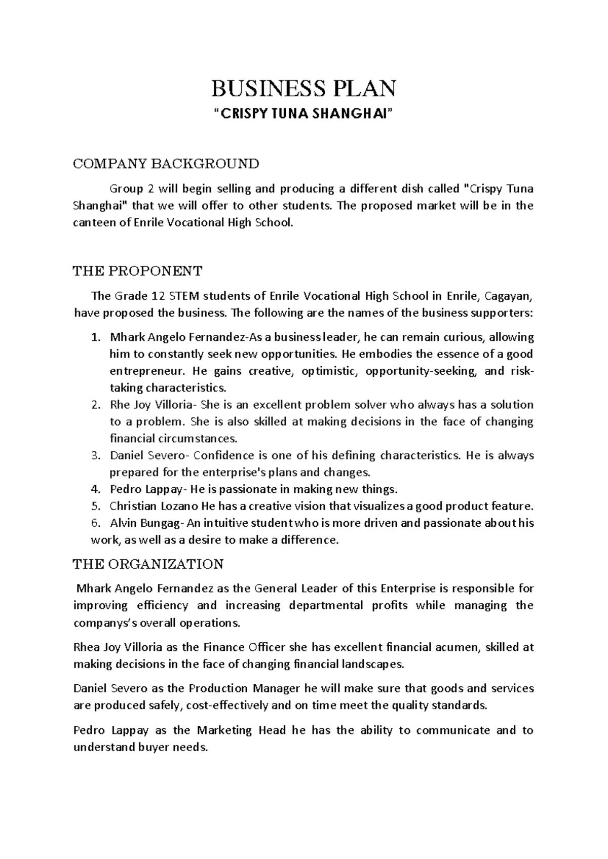 Business-PLAN (1) (3) Group 2 Final - BUSINESS PLAN “CRISPY TUNA ...