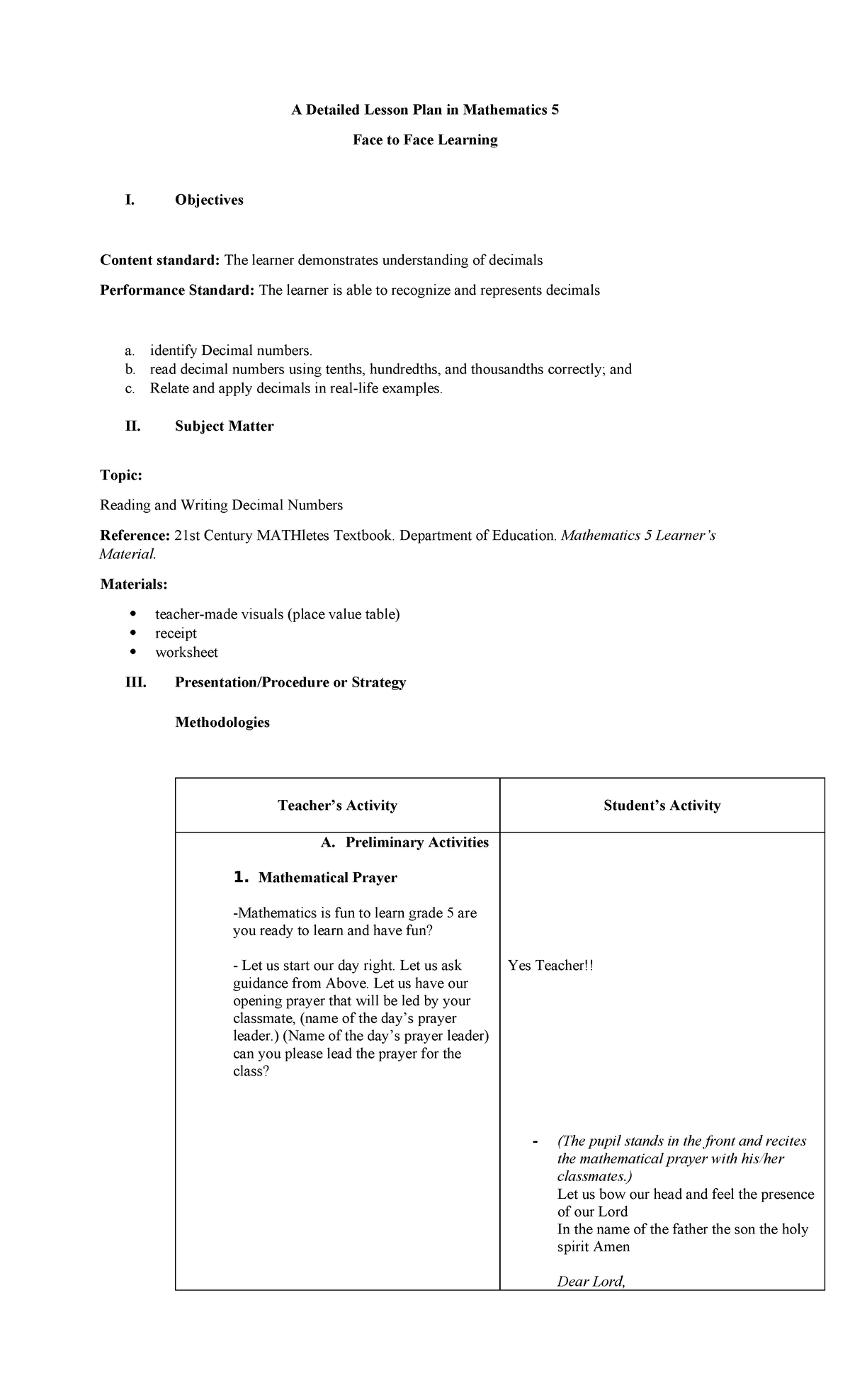 A Detailed Lesson Plan in Mathematics 5 - Objectives Content standard ...