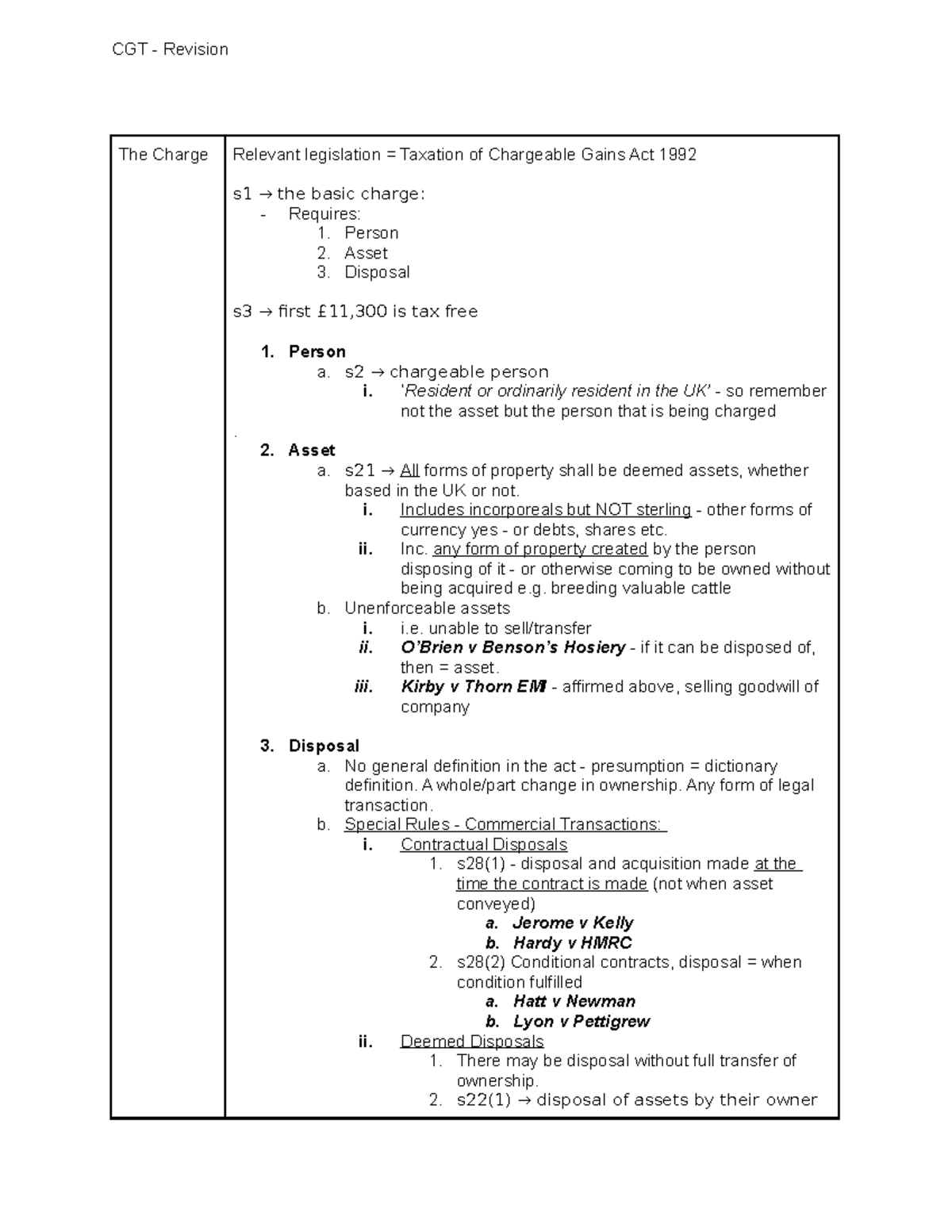 CGT - Revision - CGT notes - The Charge Relevant legislation = Taxation ...