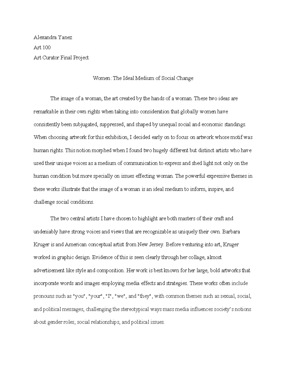 Excellent Student Example Art Curator Project Alexandra Yanez Art 100