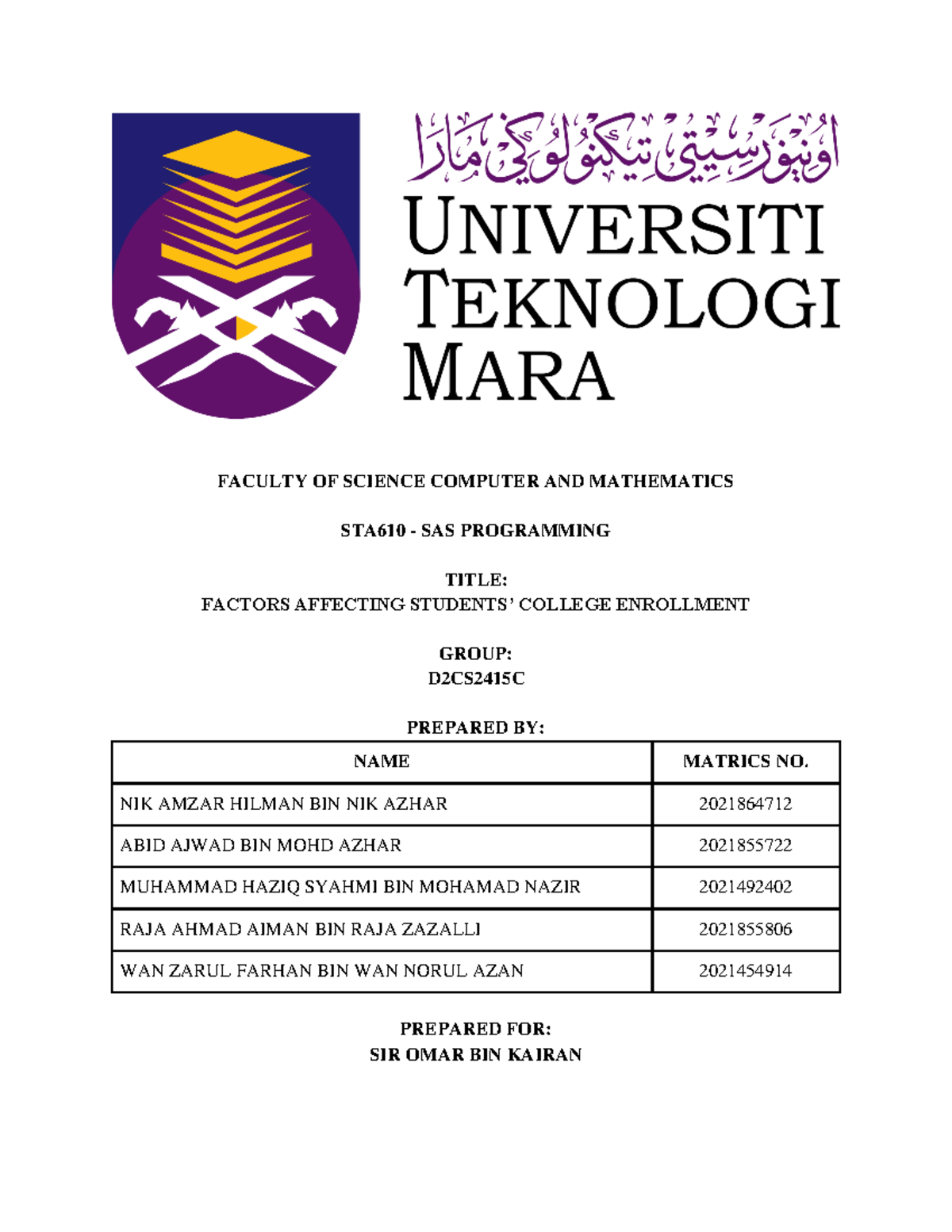 STA610 - Group Project - nice - FACULTY OF SCIENCE COMPUTER AND ...