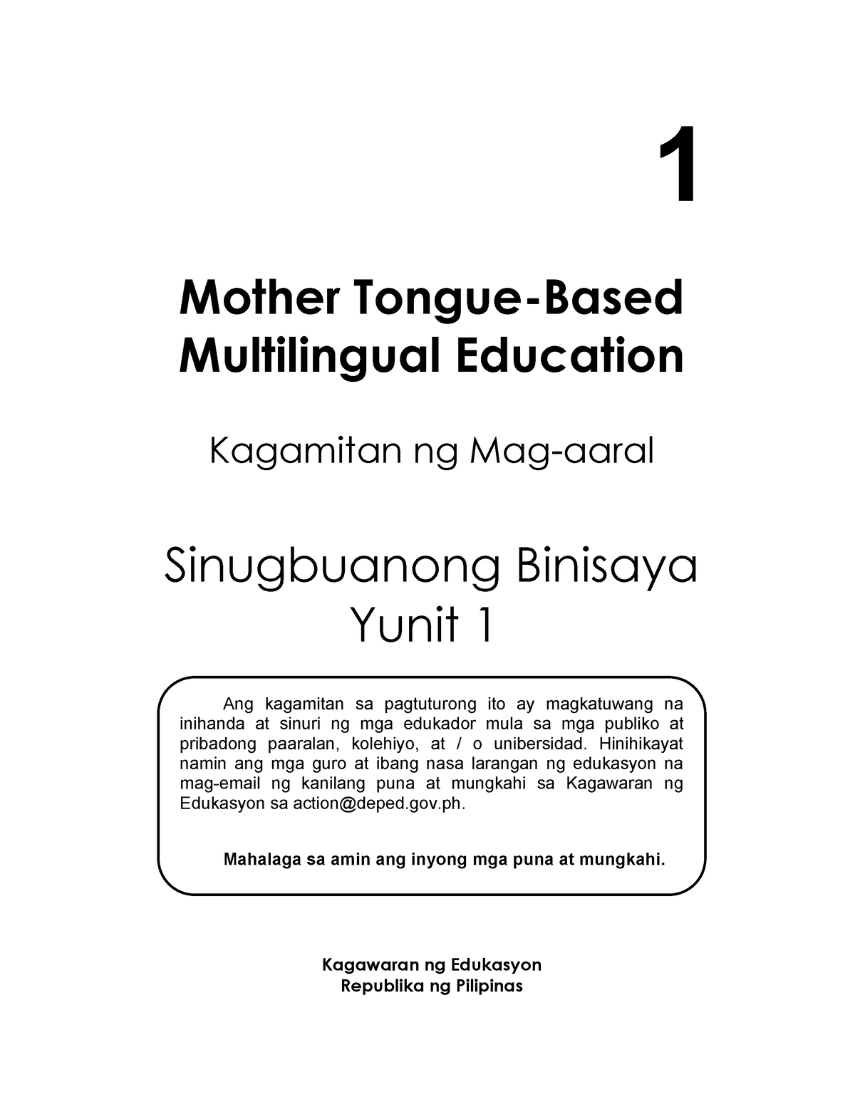 Grade 1 Learners Material Sinugbuanong Binisaya Unit 1 1 Mother Tongue Based Multilingual 5996