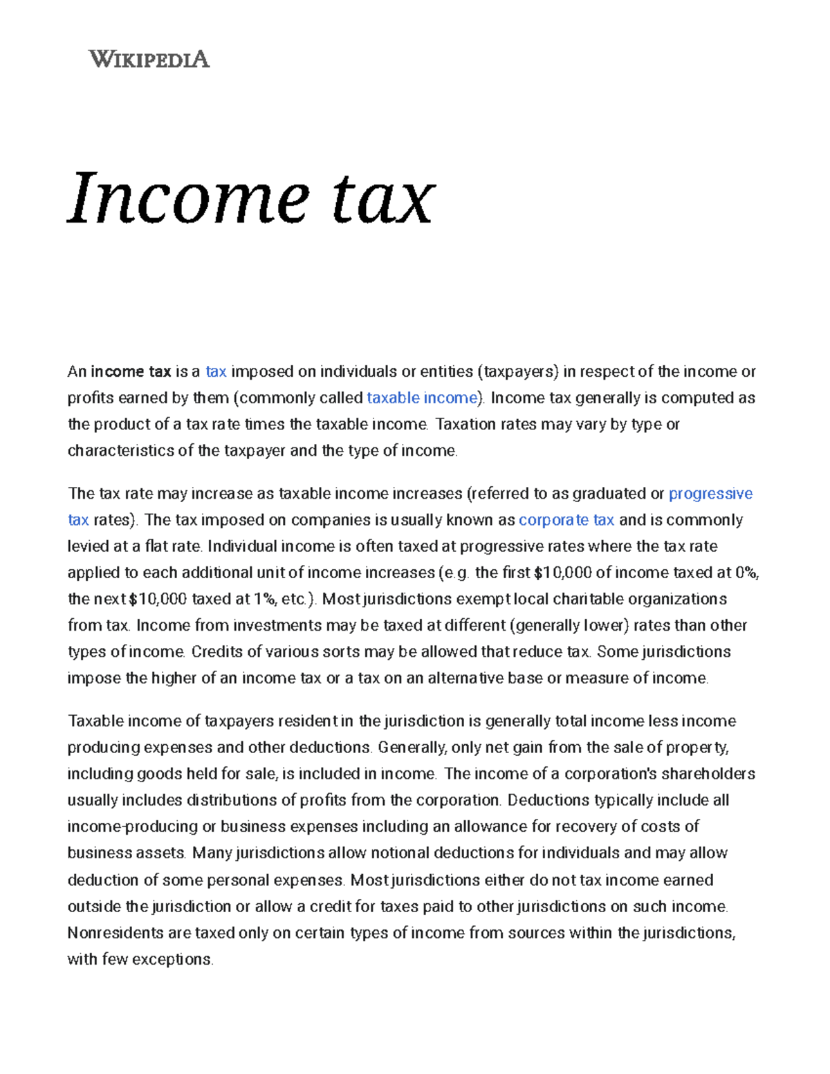 Income tax document - Income tax An income tax is a tax imposed on ...