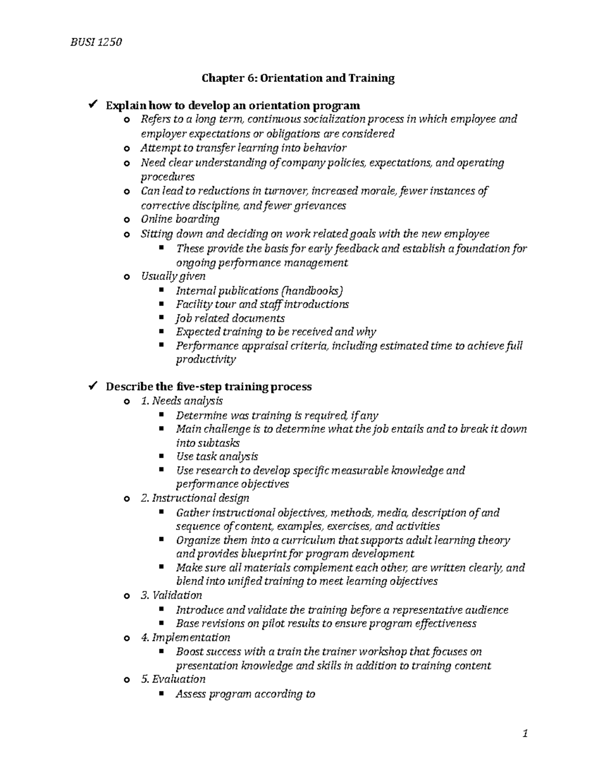 Chapter 6 - textbook notes - BUSI 1250 Chapter 6: Orientation and ...