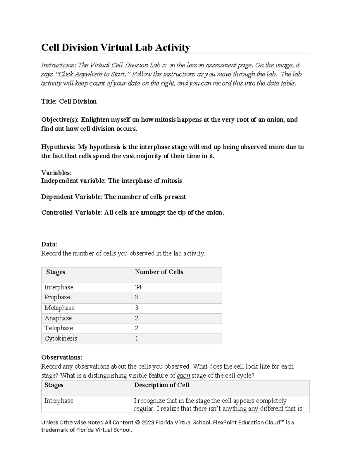 03 01 virtual cell division lab report - Cell Division Virtual Lab ...