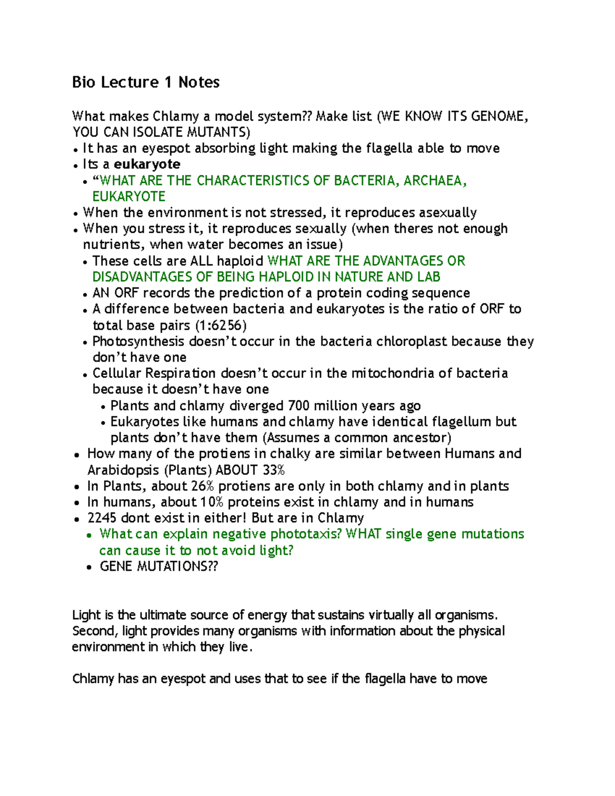 Biology 1002 Notes - Bio Lecture 1 Notes What makes Chlamy a model ...