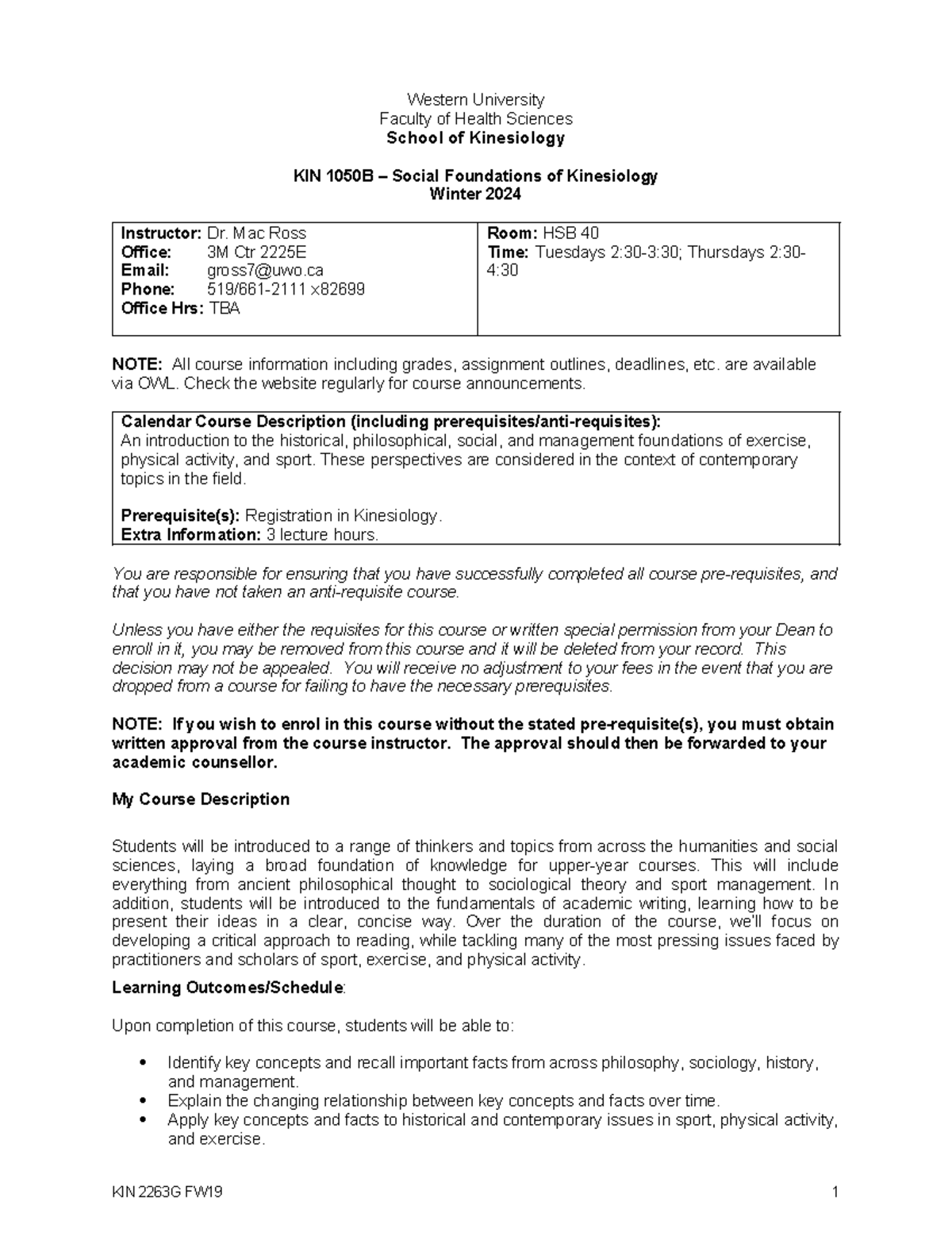 KIN 1050B - Ross - Kin - Western University Faculty of Health Sciences ...