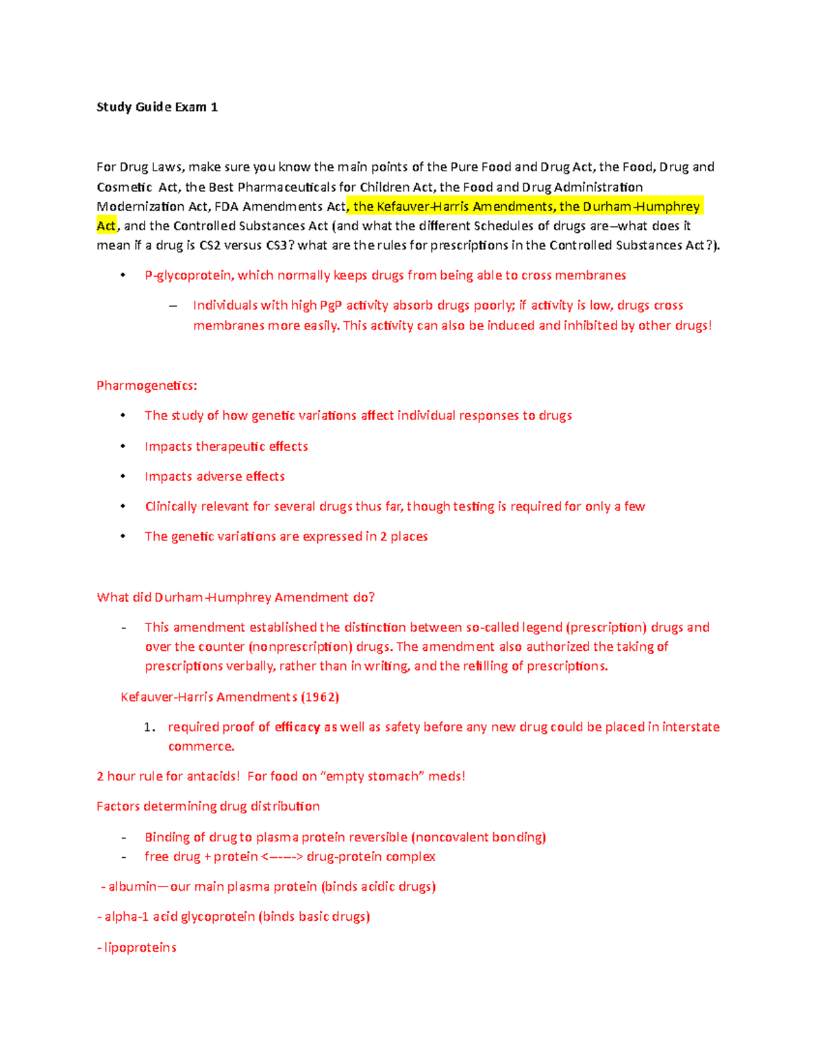 Pharm Study Guide Exam 1 - Study Guide Exam 1 For Drug Laws, make sure ...