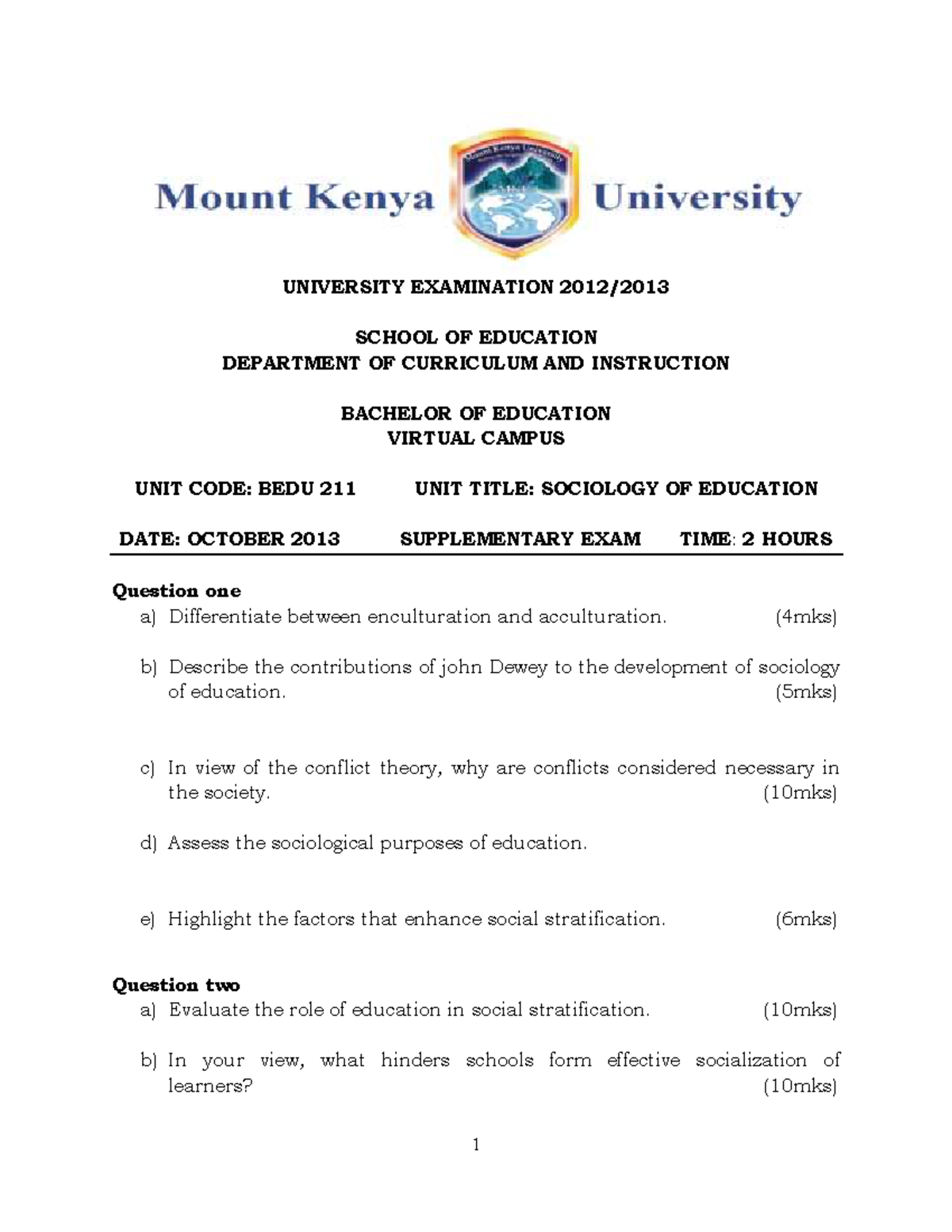 BEDU 211 Sociology OF Education SUPP - 1 UNIVERSITY EXAMINATION 2012 ...