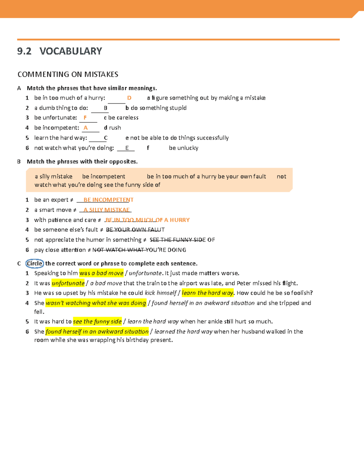 Unit 9 Handout 2 - repaso - 9 VOCABULARY COMMENTING ON MISTAKES A Match ...