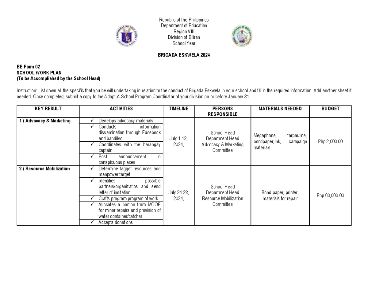 Brigada Eskwela Work Plan - Republic of the Philippines Department of ...