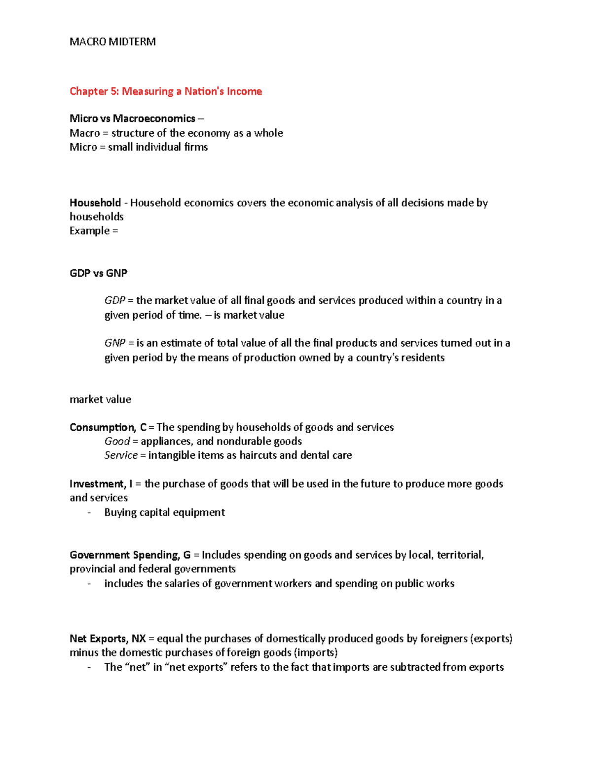 Macro Midterm Study Guide - Chapter 5: Measuring a Nation's Income ...