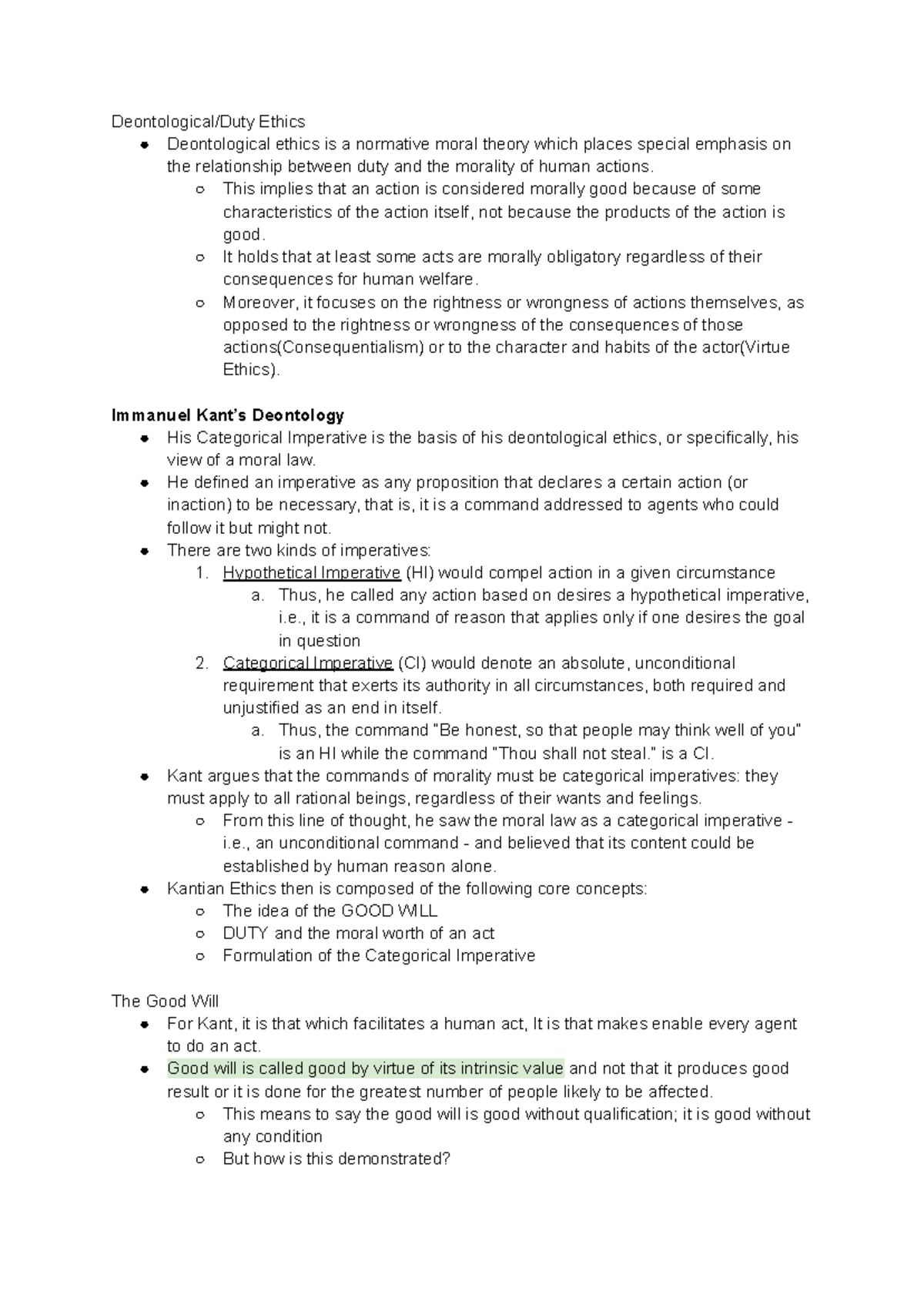 L11 Duty Ethics - Deontological/Duty Ethics Deontological ethics is a ...