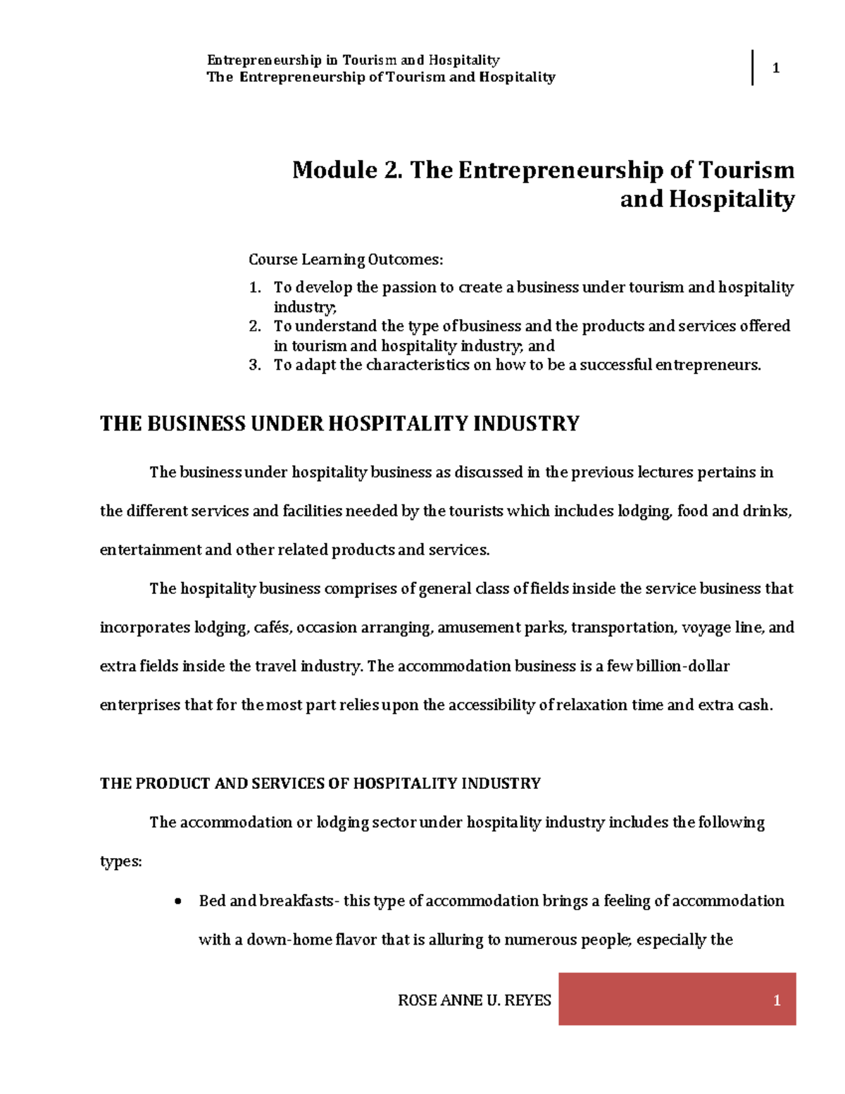 W3 Module 2- The Entrepreneurship in Tourism and Hospitality Industry ...
