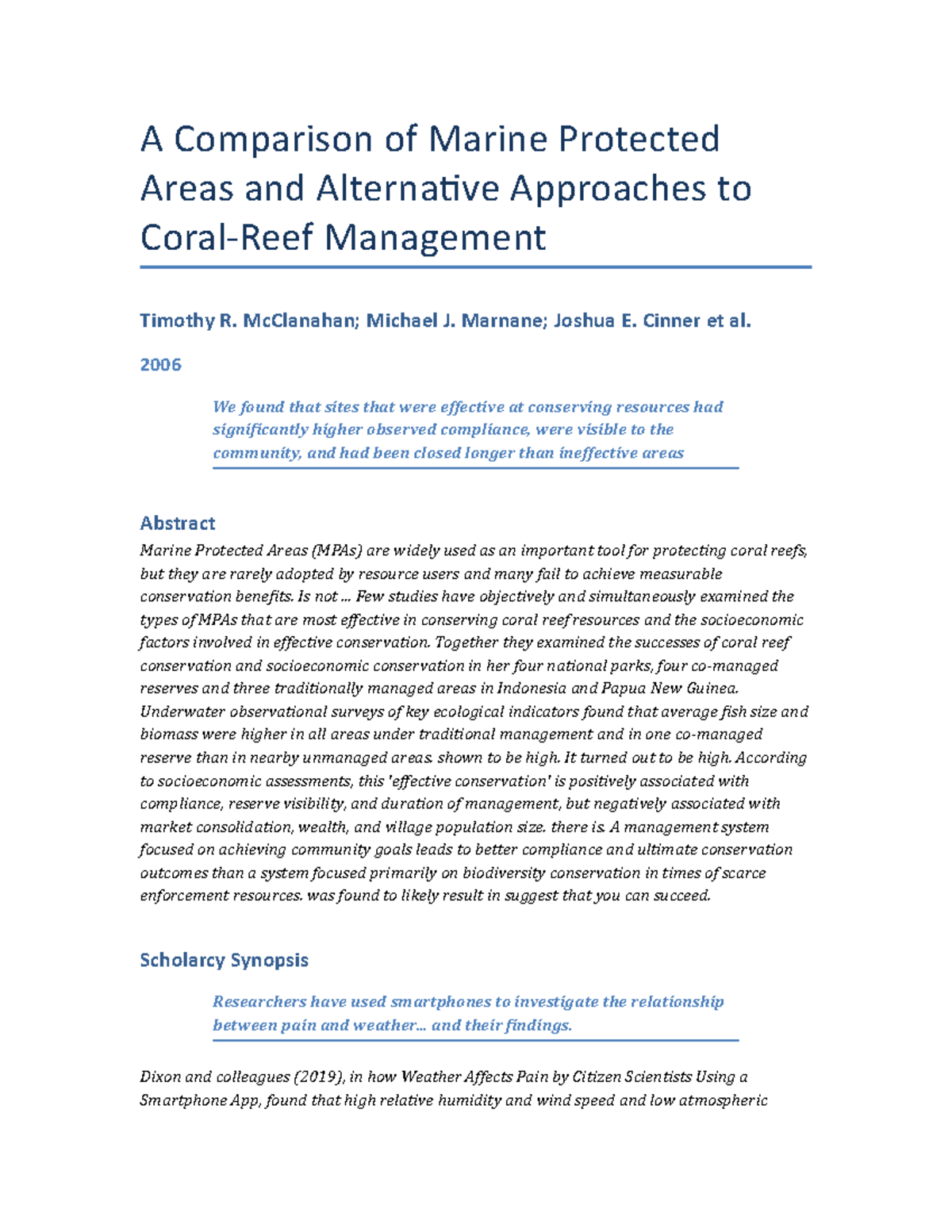 Mc Clanahan et al 2006 Marine protected areas - A Comparison of Marine ...