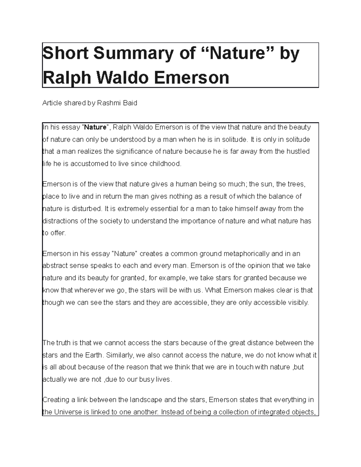 badning Antagelse taxa Summary Nature 4 - Short Summary of Ralph Waldo Emerson Article shared  Rashmi Baid In his essay - StuDocu