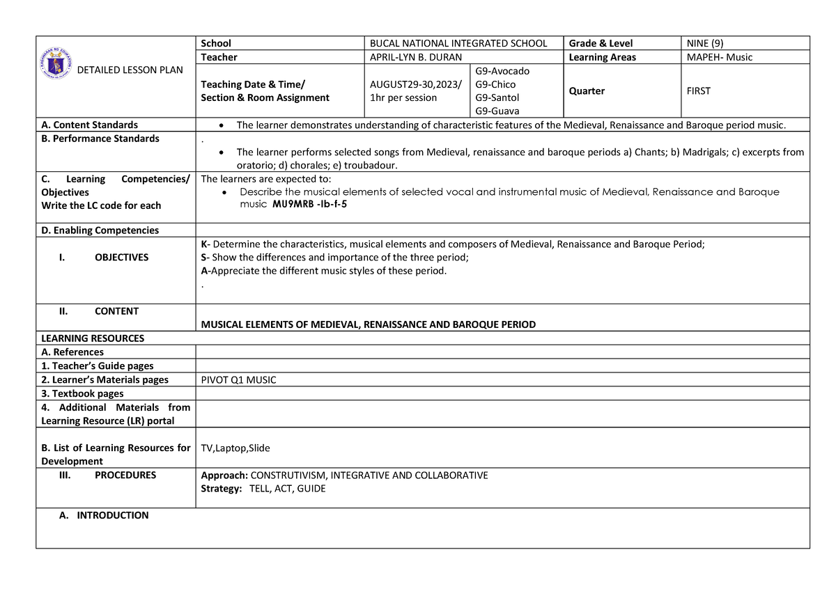 DLP Music Q1 W1 April-LYN - DETAILED LESSON PLAN School BUCAL NATIONAL ...